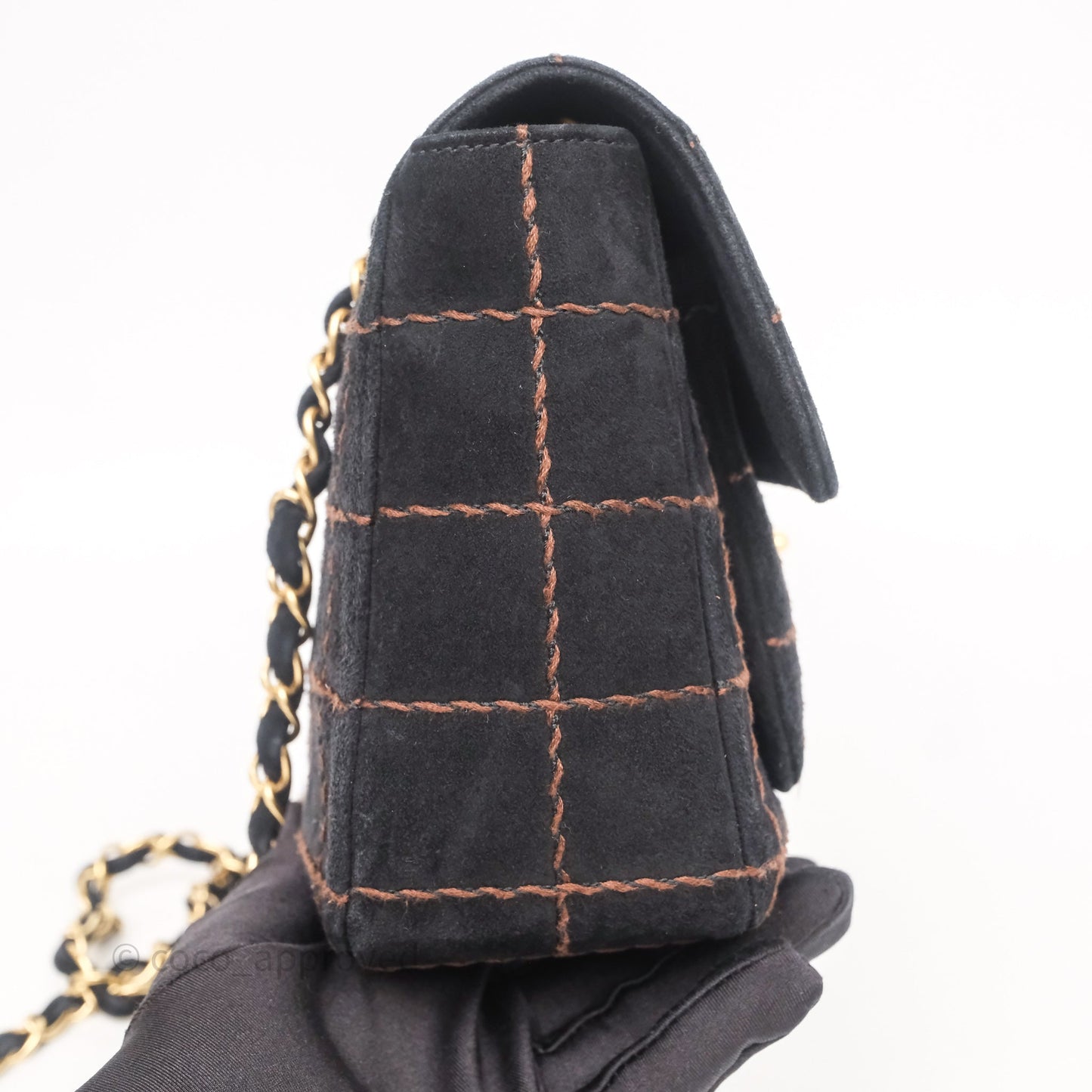 Chanel Bar Flap Bag Black Suede Blushed Gold Hardware