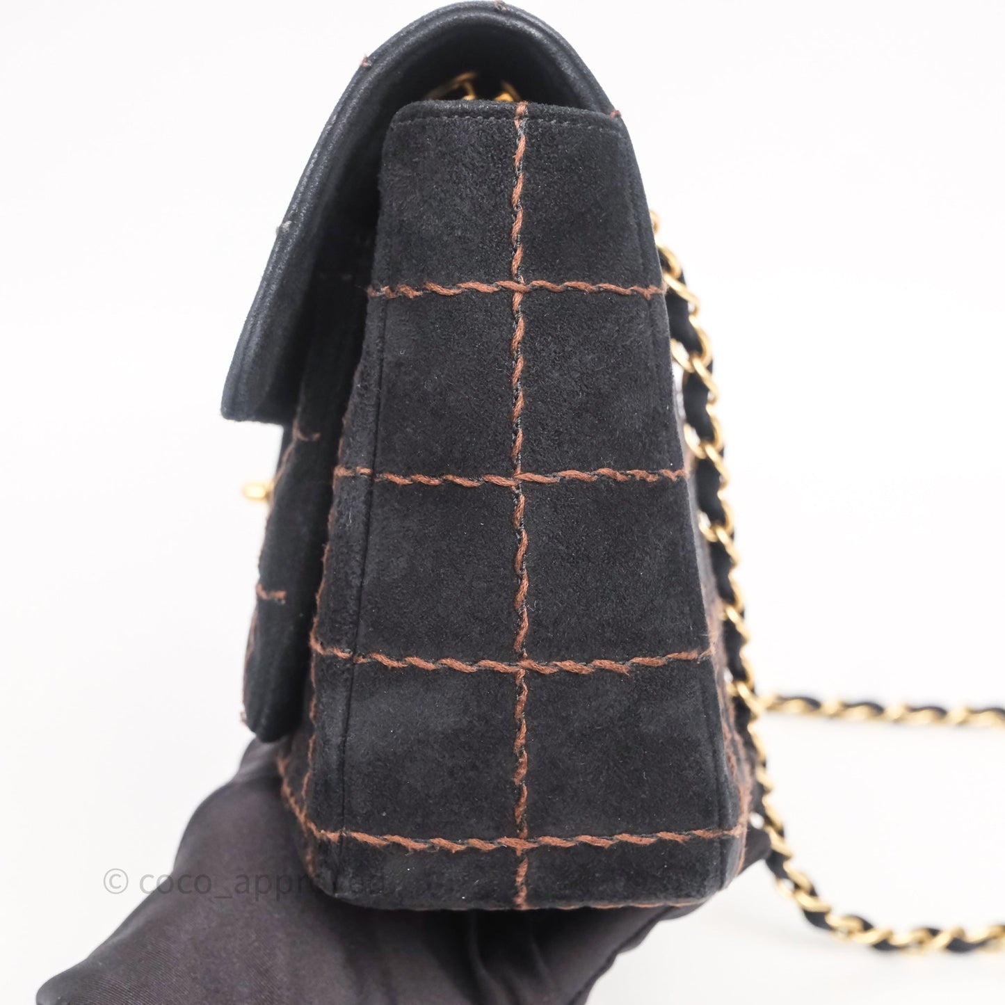 Chanel Bar Flap Bag Black Suede Blushed Gold Hardware