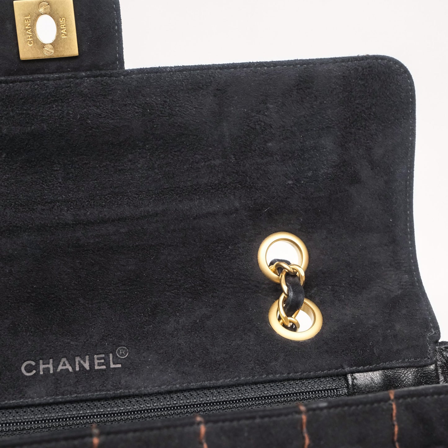 Chanel Bar Flap Bag Black Suede Blushed Gold Hardware