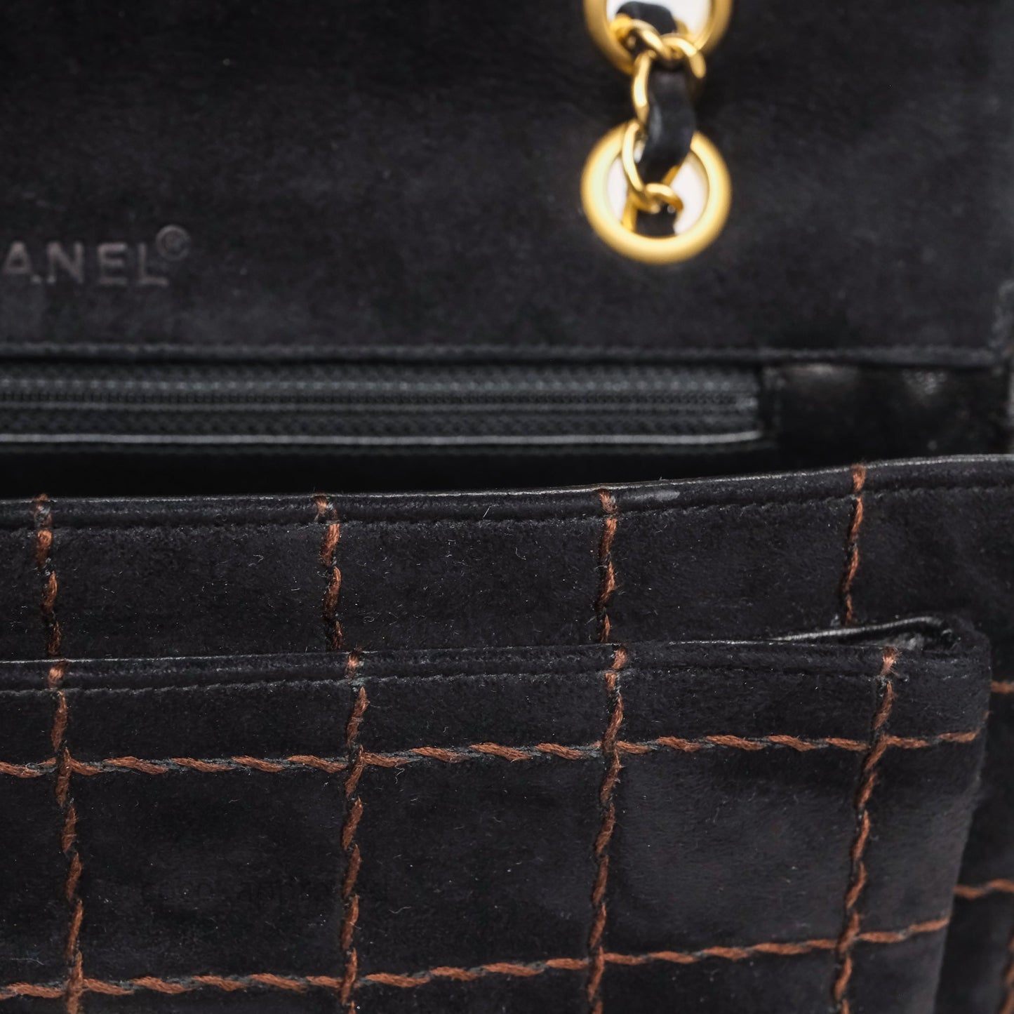 Chanel Bar Flap Bag Black Suede Blushed Gold Hardware