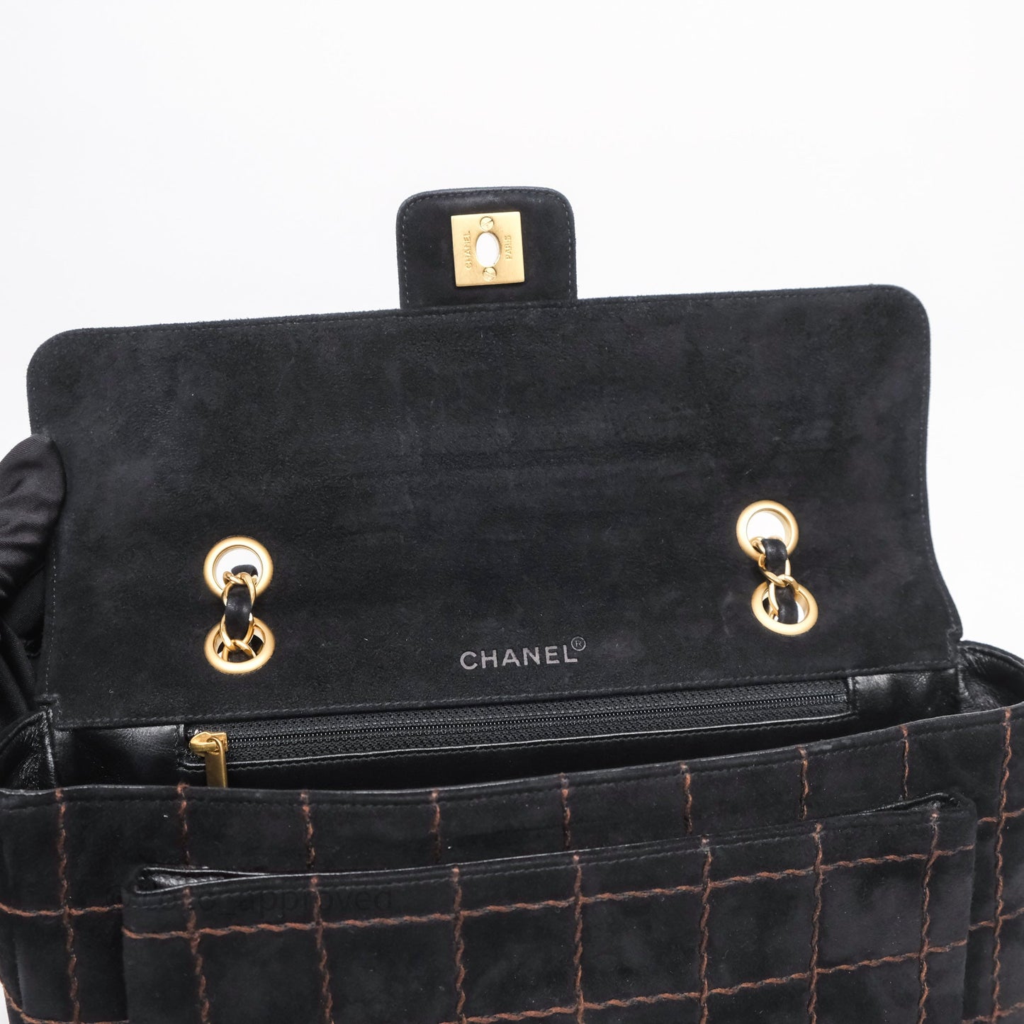 Chanel Bar Flap Bag Black Suede Blushed Gold Hardware