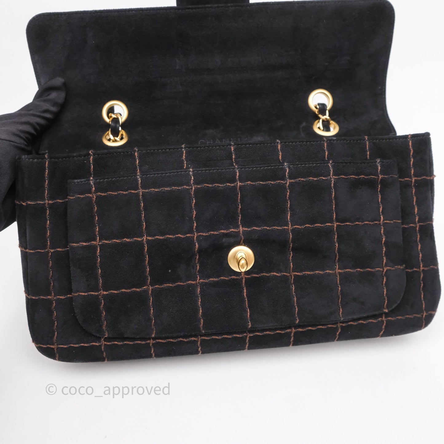 Chanel Bar Flap Bag Black Suede Blushed Gold Hardware