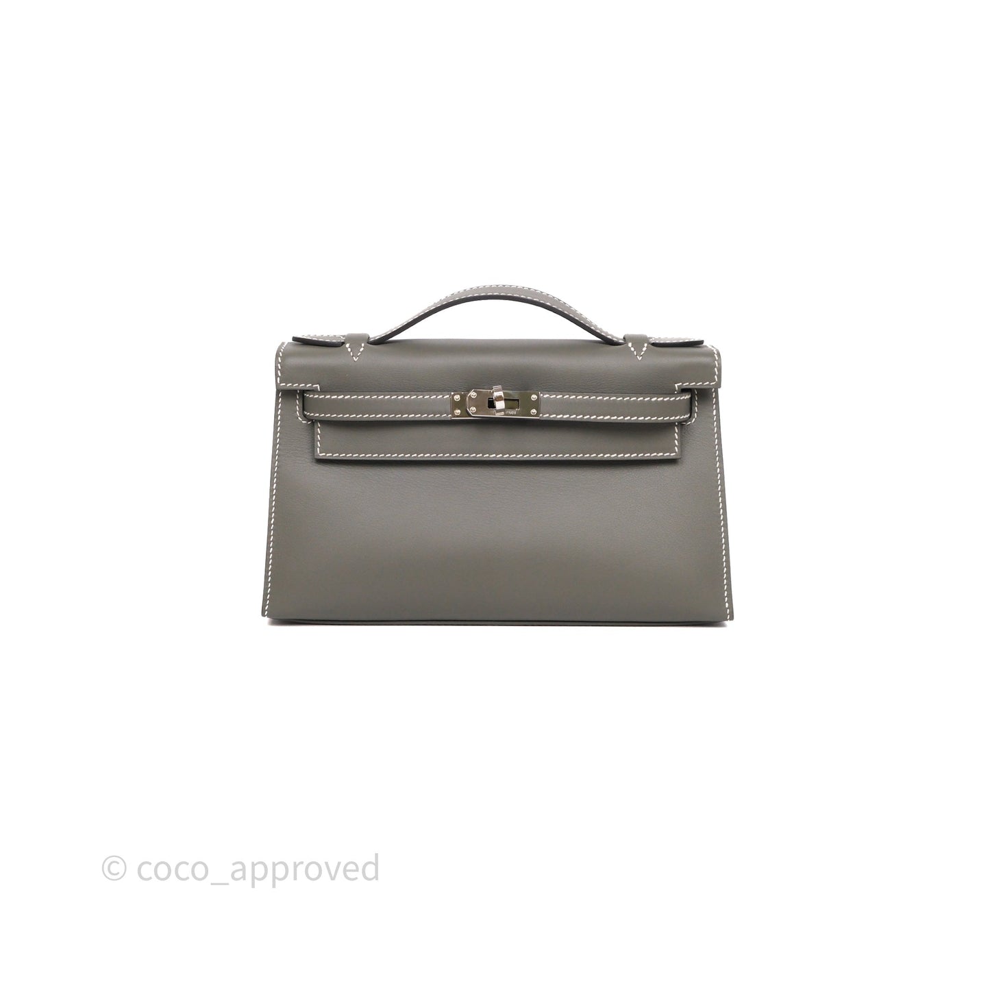 Hermès Kelly Pochette Clutch Gris Meyer 0L/ Craie 10 Swift Palladium Hardware