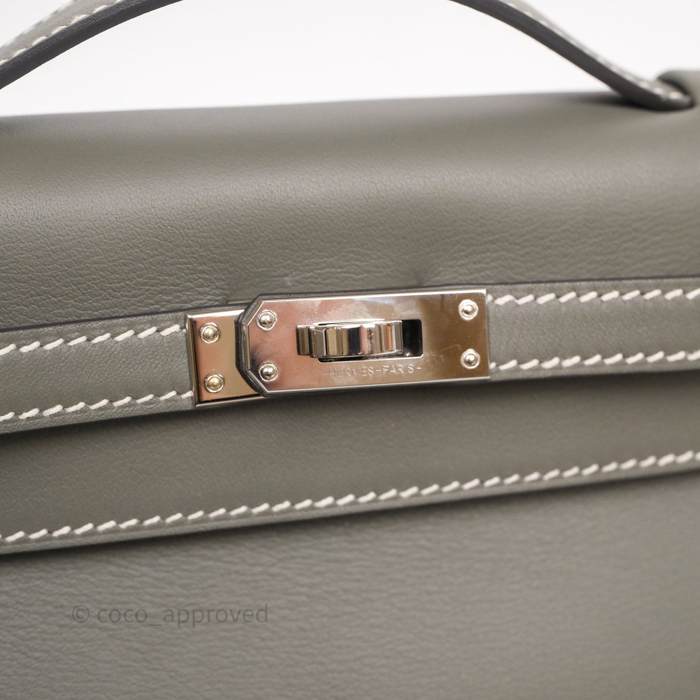 Hermès Kelly Pochette Clutch Gris Meyer 0L/ Craie 10 Swift Palladium Hardware