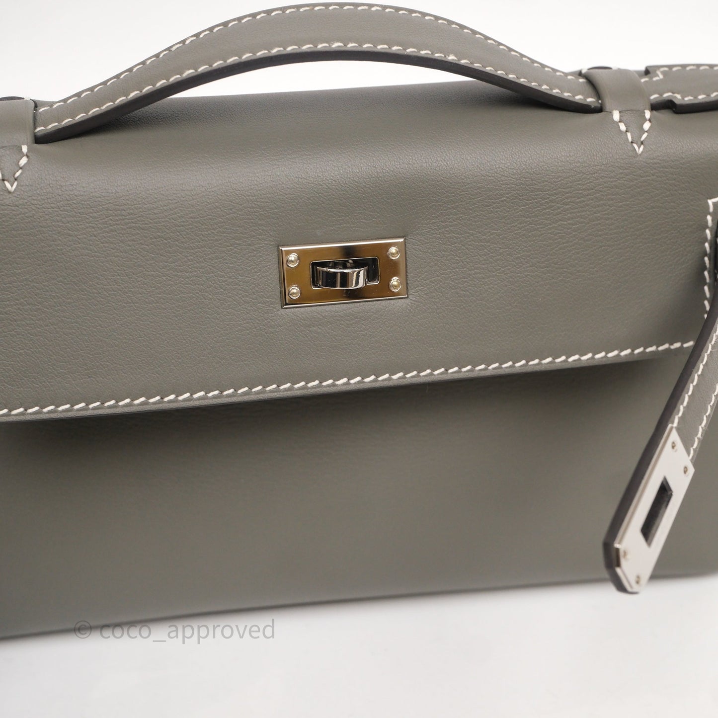 Hermès Kelly Pochette Clutch Gris Meyer 0L/ Craie 10 Swift Palladium Hardware