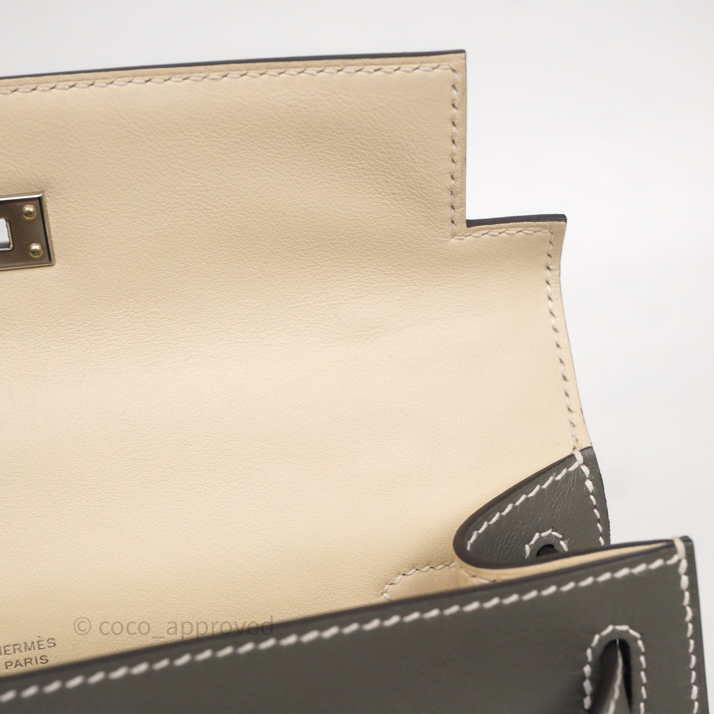 Hermès Kelly Pochette Clutch Gris Meyer 0L/ Craie 10 Swift Palladium Hardware