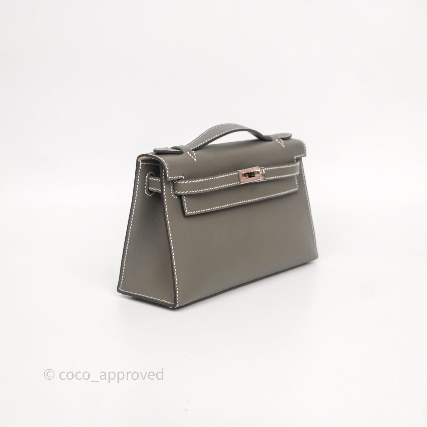 Hermès Kelly Pochette Clutch Gris Meyer 0L/ Craie 10 Swift Palladium Hardware