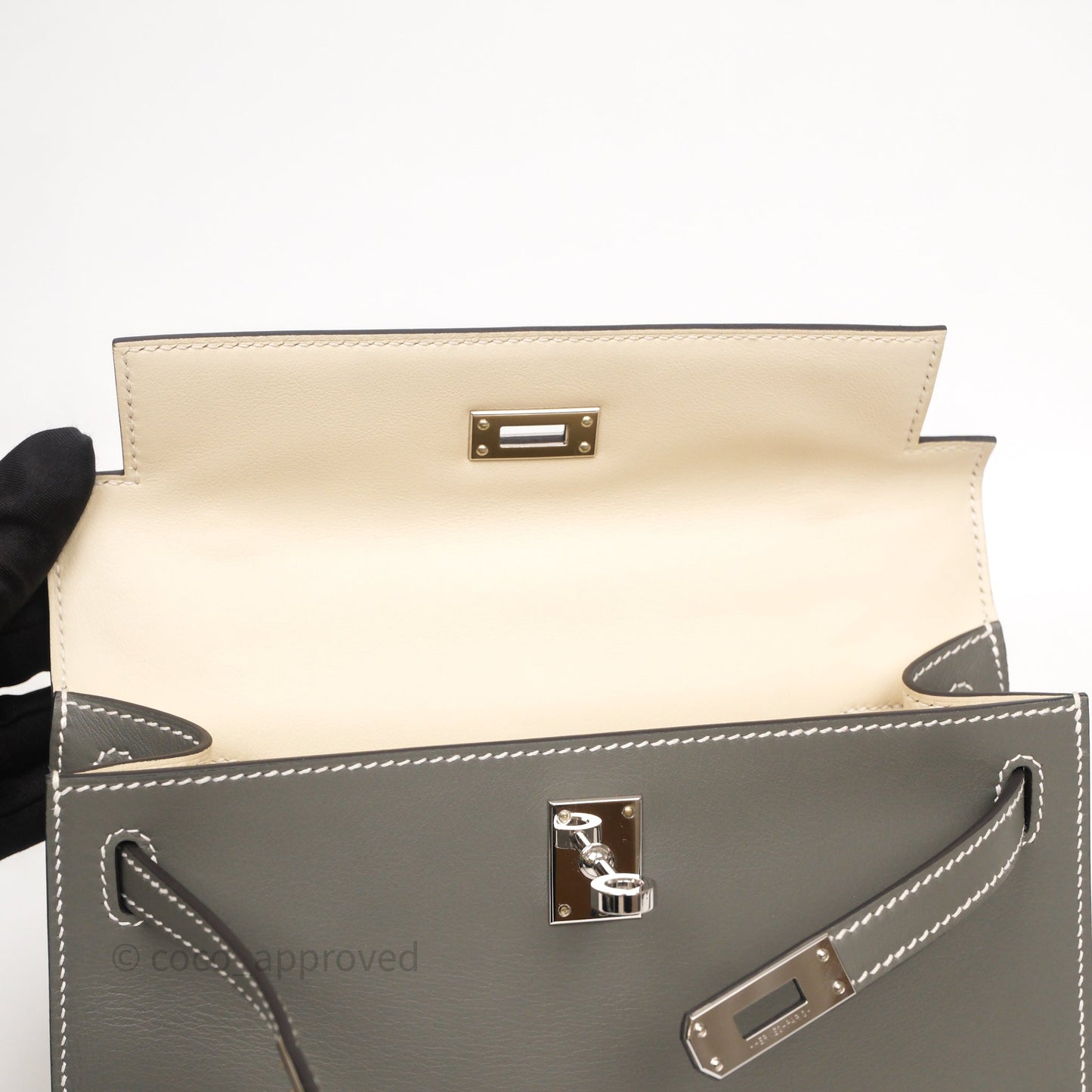 Hermès Kelly Pochette Clutch Gris Meyer 0L/ Craie 10 Swift Palladium Hardware
