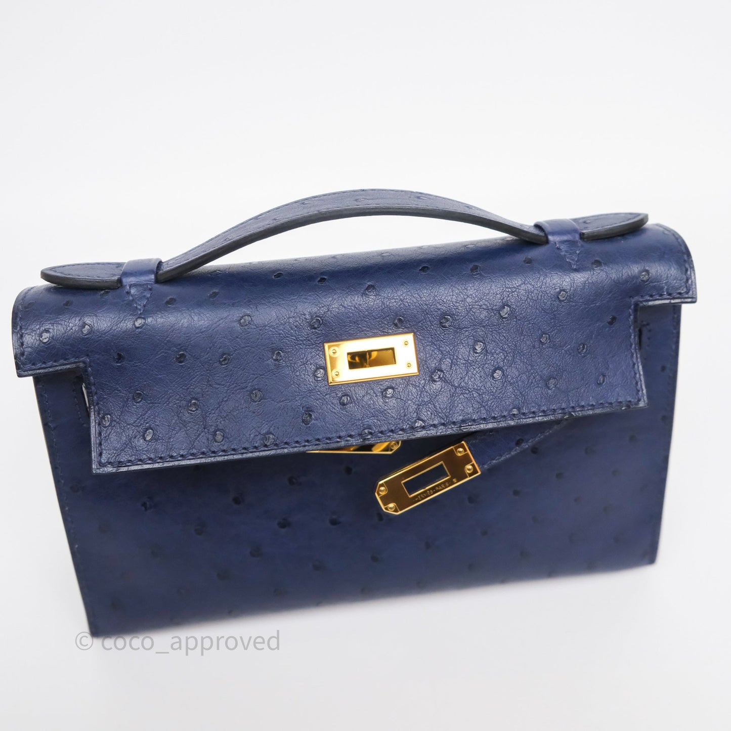 Hermès Kelly Pochette Bleu Iris 77 Ostrich Gold Hardware