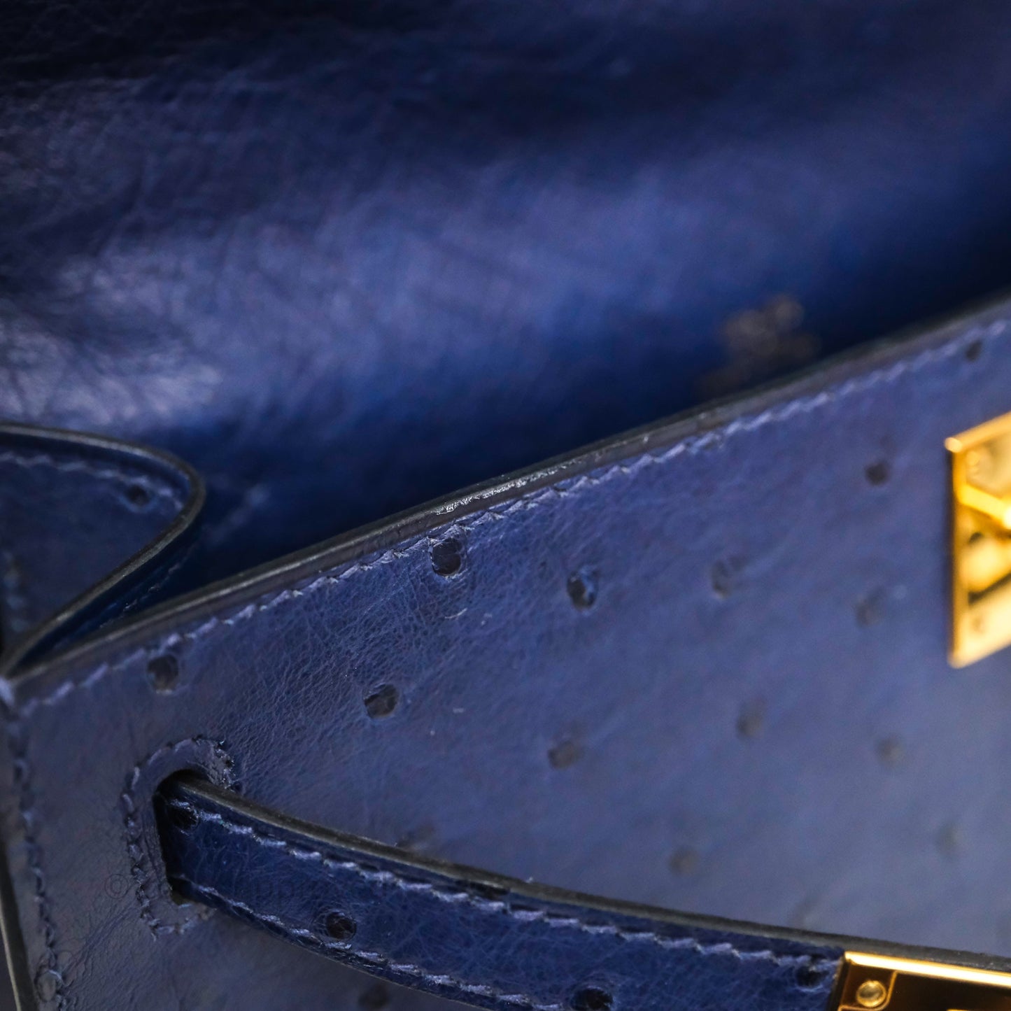 Hermès Kelly Pochette Bleu Iris 77 Ostrich Gold Hardware