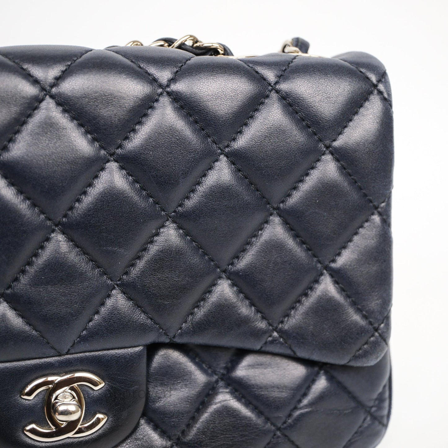Chanel Quilted Accordion Flap Bag Navy Lambskin Sliver Hardware