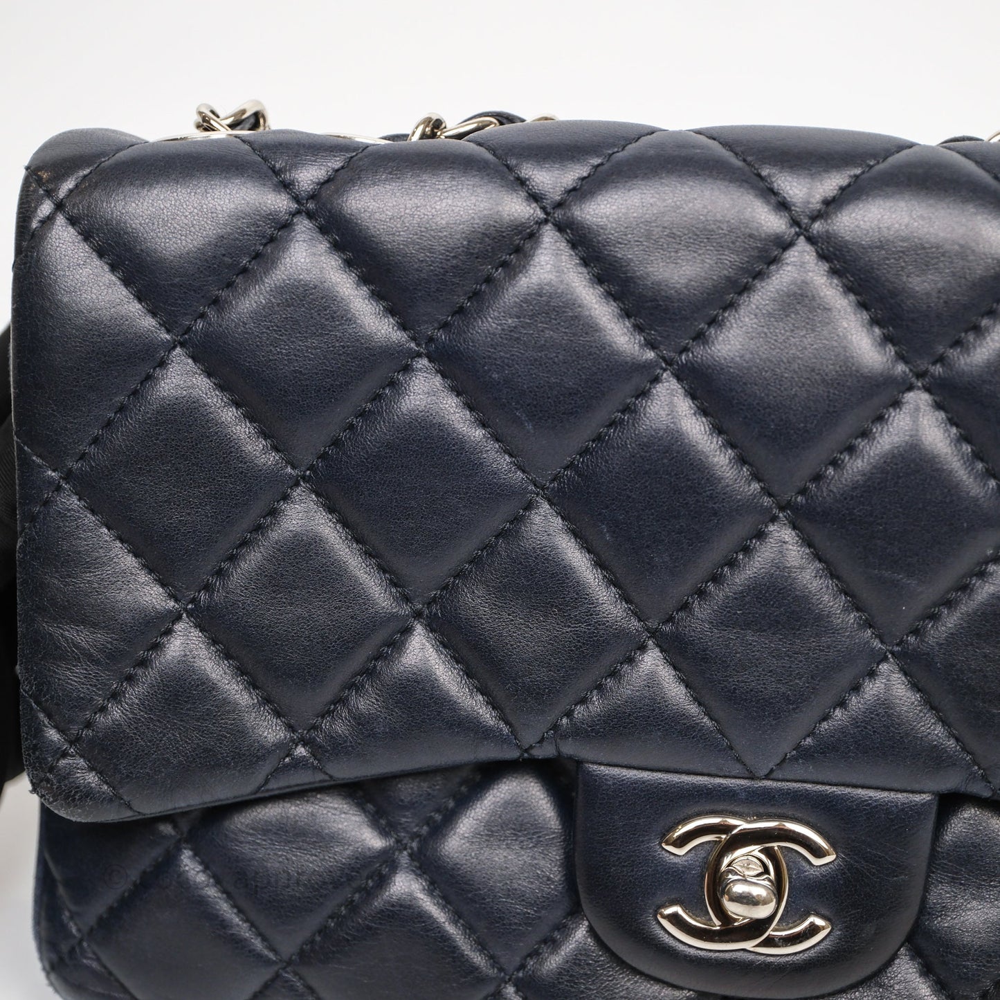Chanel Quilted Accordion Flap Bag Navy Lambskin Sliver Hardware