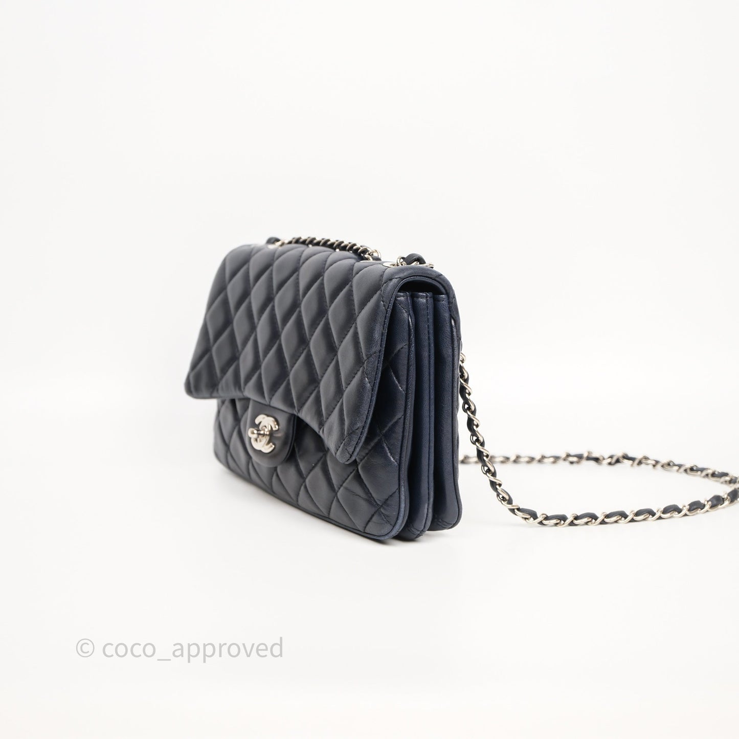 Chanel Quilted Accordion Flap Bag Navy Lambskin Sliver Hardware