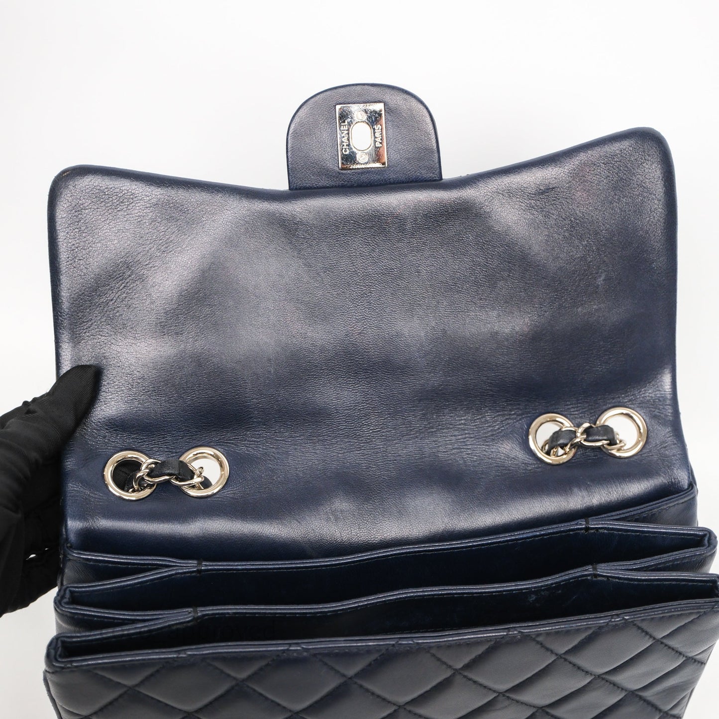 Chanel Quilted Accordion Flap Bag Navy Lambskin Sliver Hardware