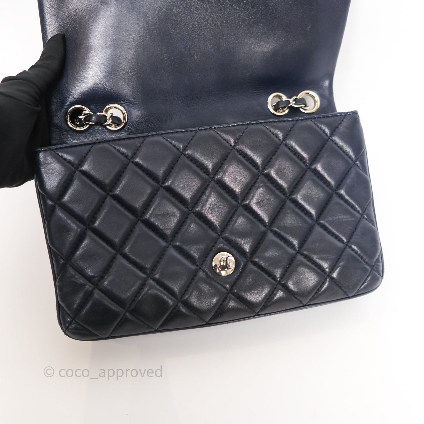 Chanel Quilted Accordion Flap Bag Navy Lambskin Sliver Hardware
