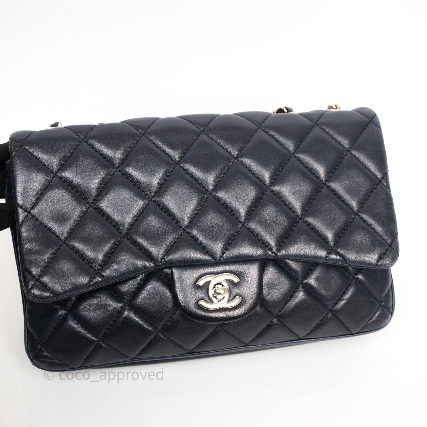 Chanel Quilted Accordion Flap Bag Navy Lambskin Sliver Hardware