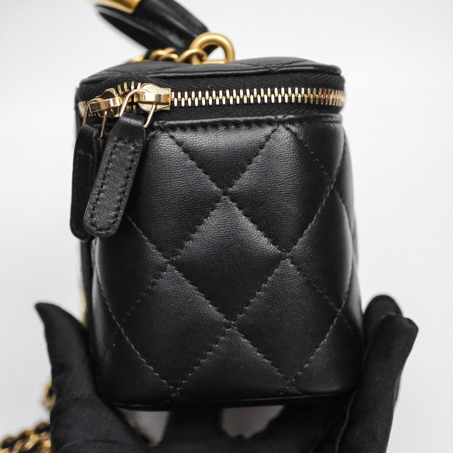 Chanel Vanity Rectangular Metal Top Handle Black Lambskin Aged Gold Hardware