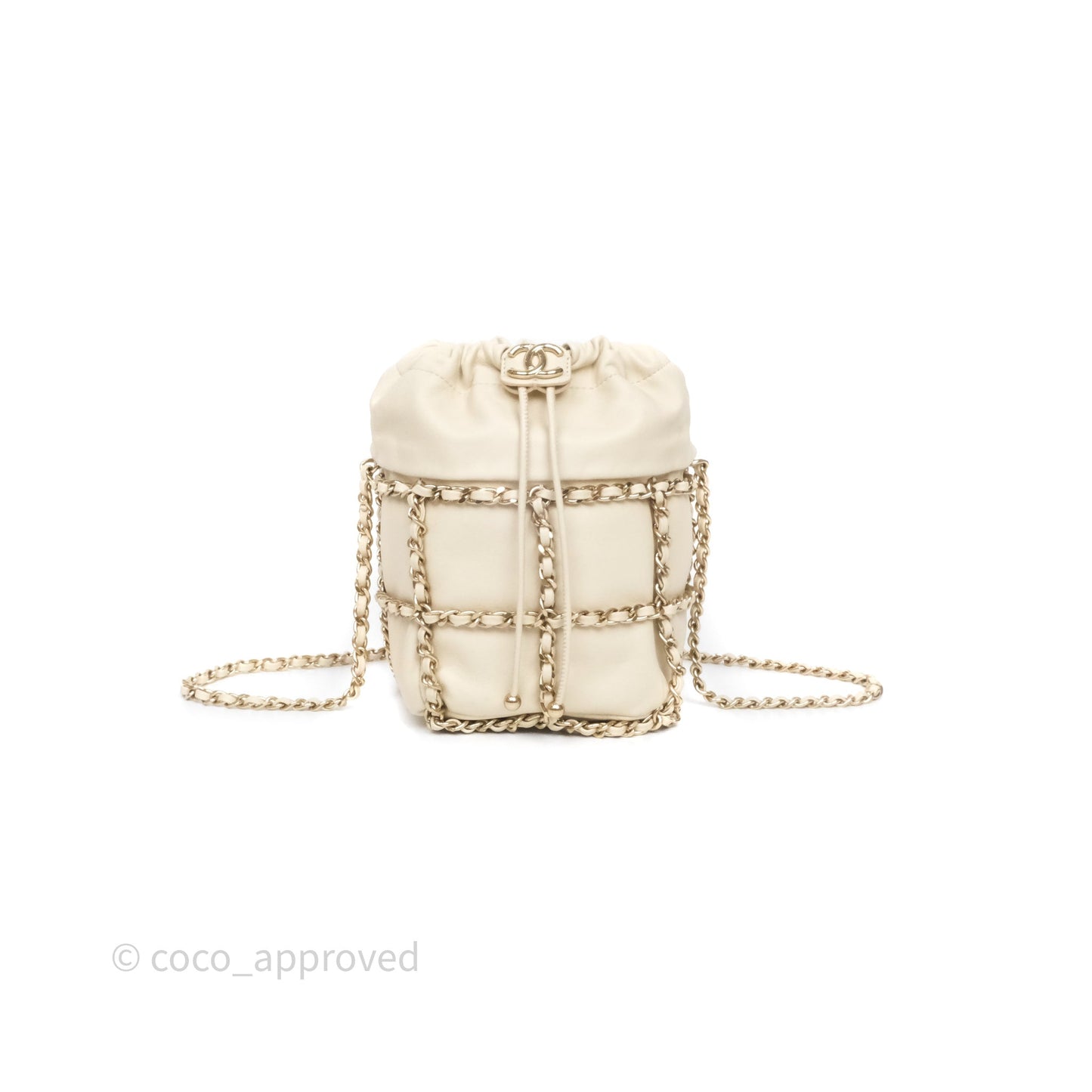 Chanel Chain Around Drawstring Bucket Bag Beige Lambskin Gold Hardware