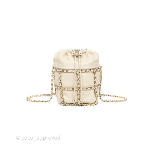 Chanel Chain Around Drawstring Bucket Bag Beige Lambskin Gold Hardware
