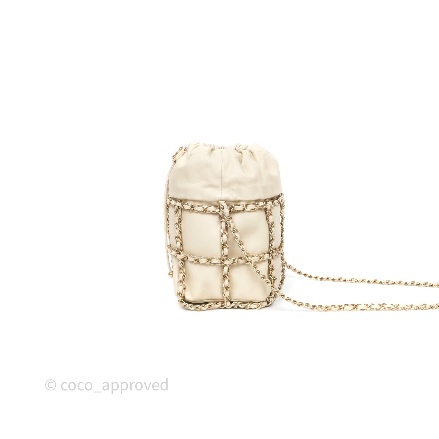 Chanel Chain Around Drawstring Bucket Bag Beige Lambskin Gold Hardware