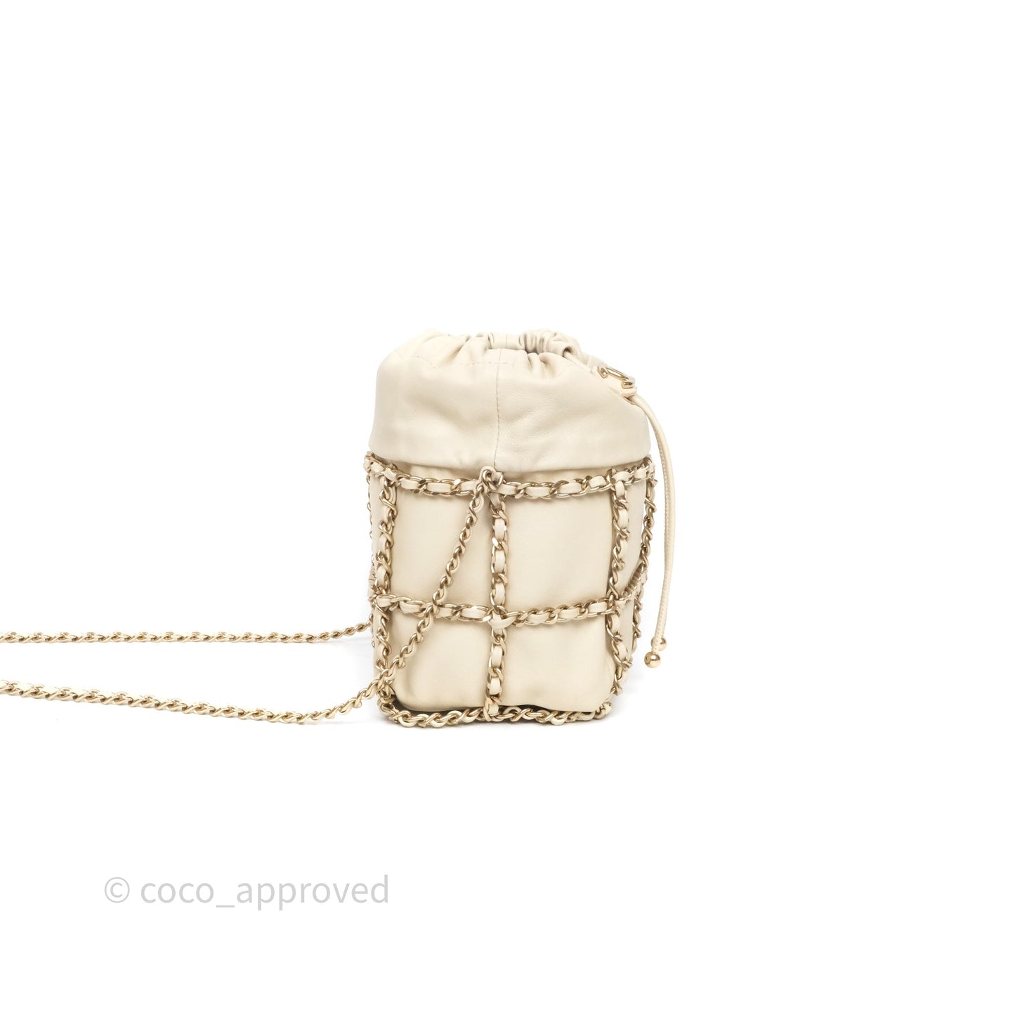 Chanel Chain Around Drawstring Bucket Bag Beige Lambskin Gold Hardware