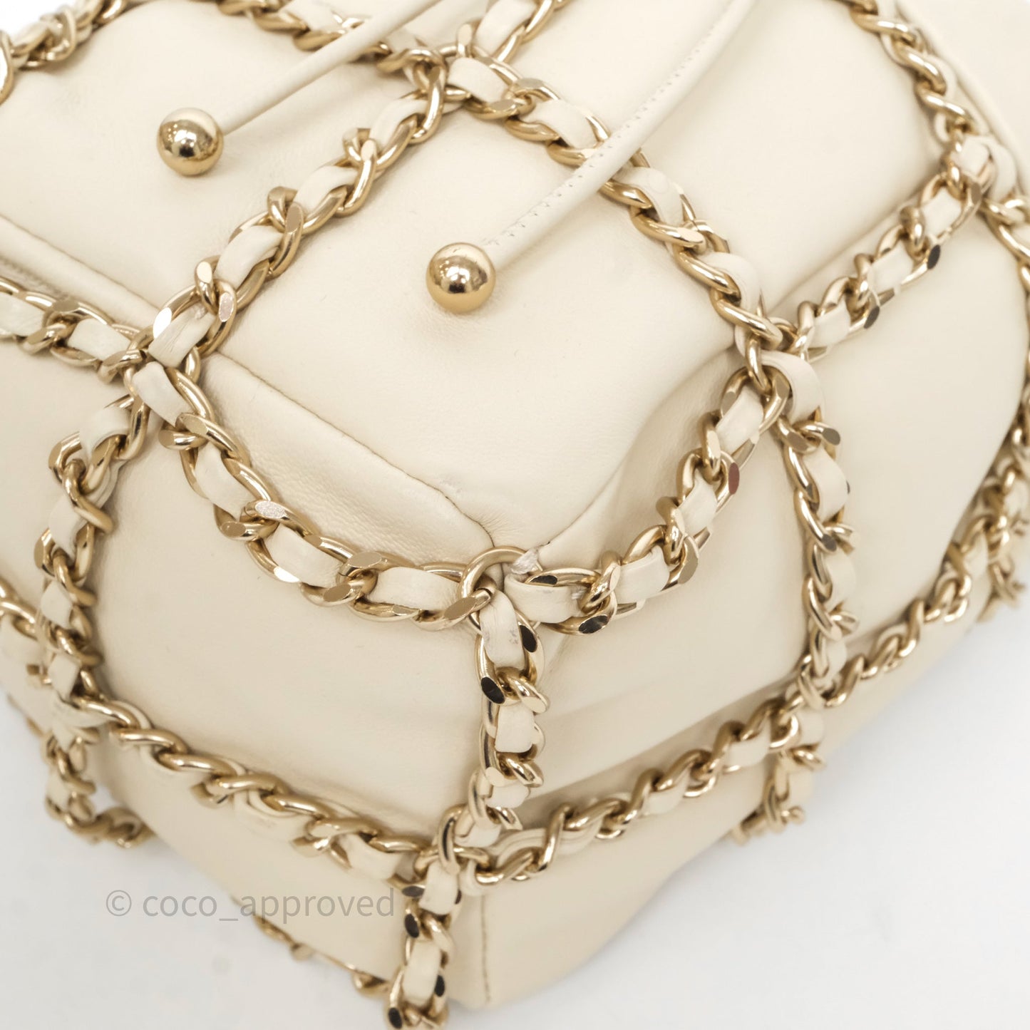 Chanel Chain Around Drawstring Bucket Bag Beige Lambskin Gold Hardware