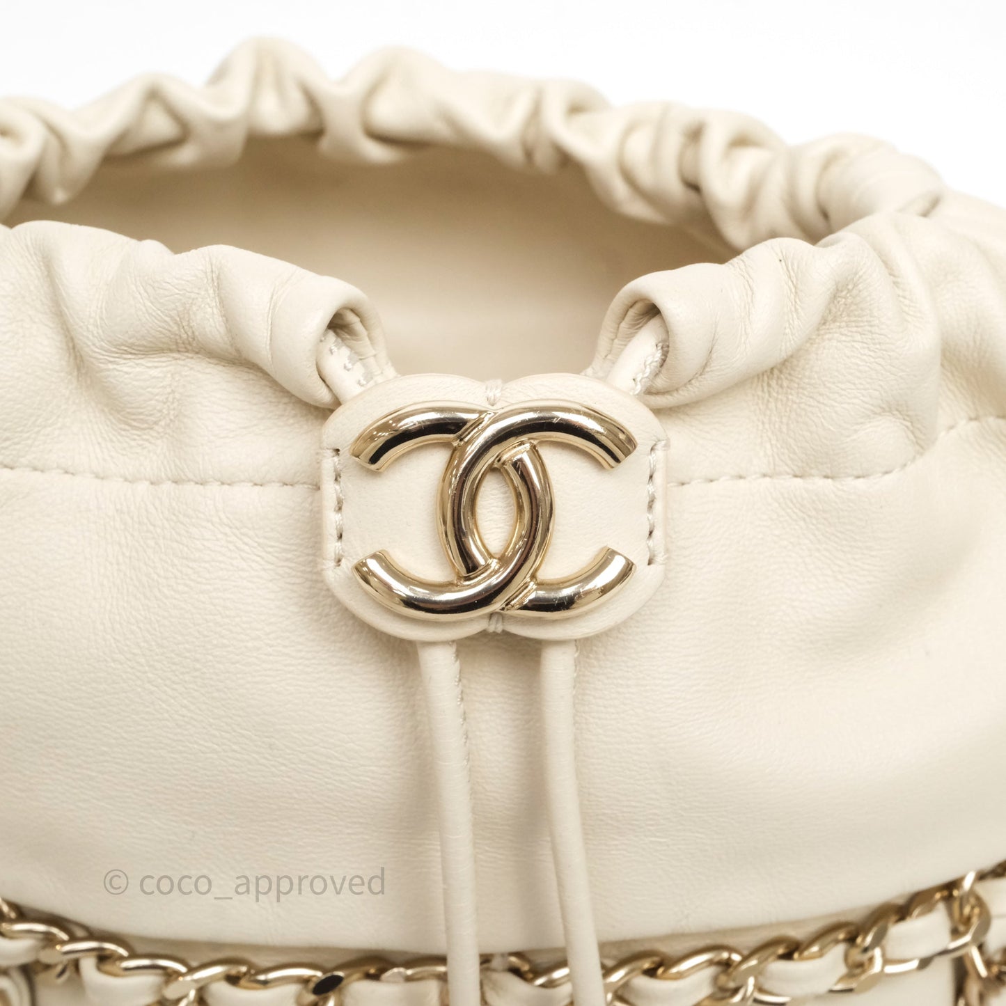 Chanel Chain Around Drawstring Bucket Bag Beige Lambskin Gold Hardware