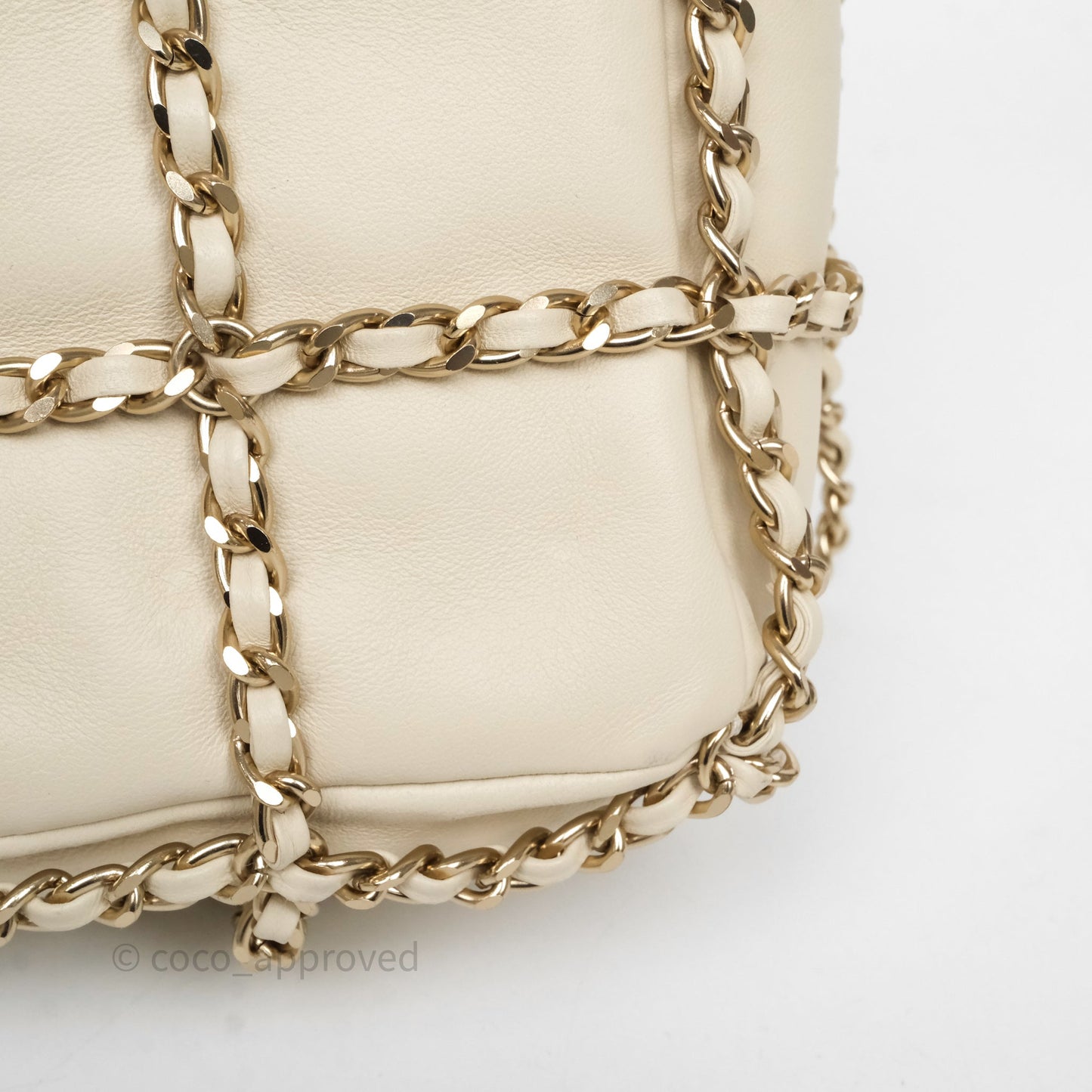 Chanel Chain Around Drawstring Bucket Bag Beige Lambskin Gold Hardware
