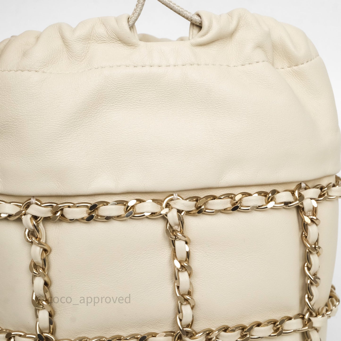 Chanel Chain Around Drawstring Bucket Bag Beige Lambskin Gold Hardware
