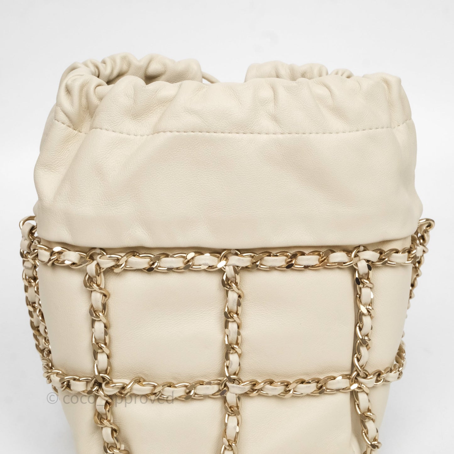 Chanel Chain Around Drawstring Bucket Bag Beige Lambskin Gold Hardware