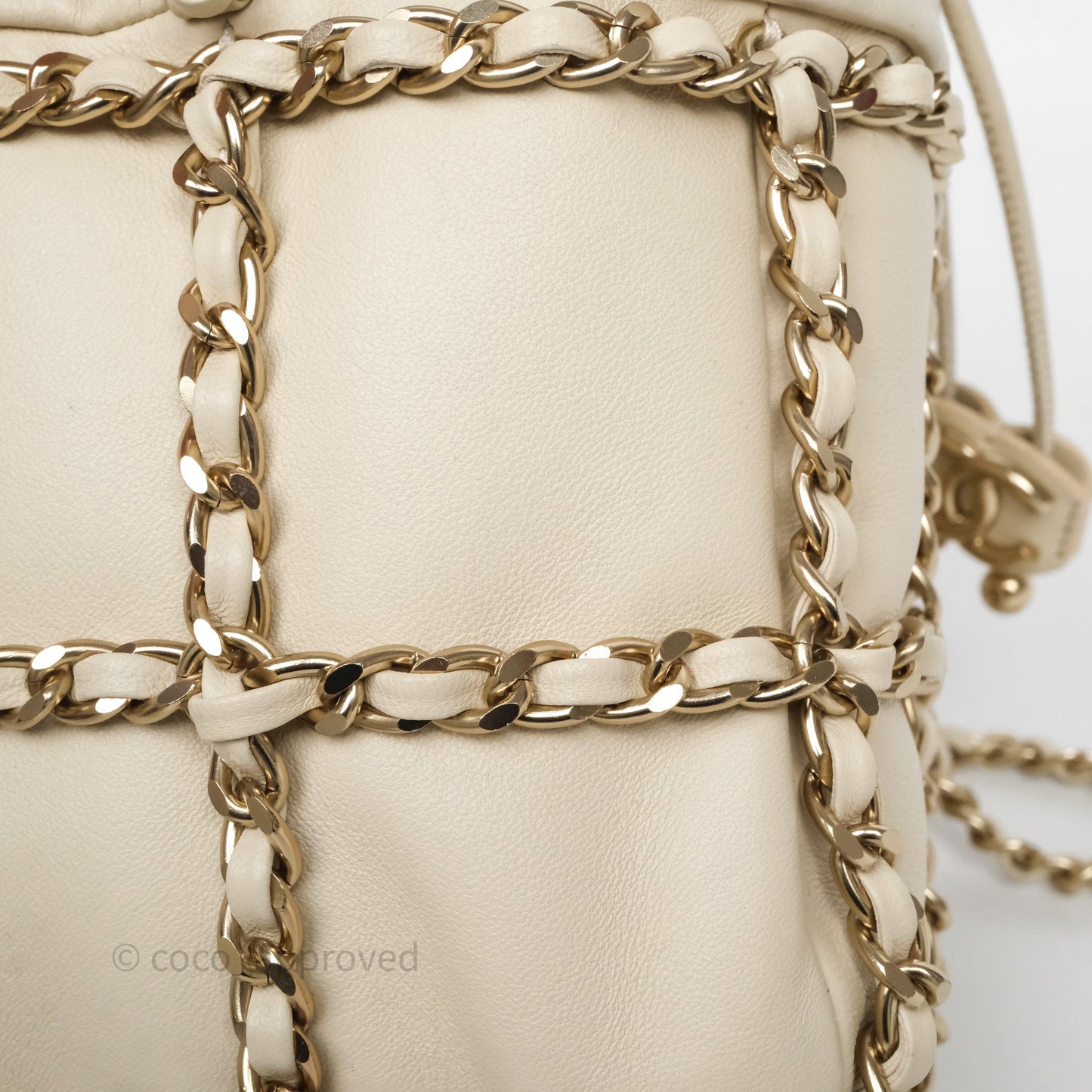Chanel Chain Around Drawstring Bucket Bag Beige Lambskin Gold Hardware