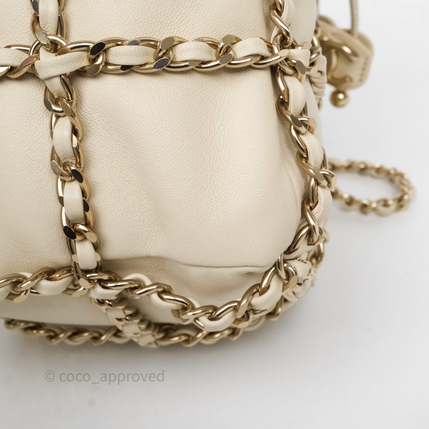 Chanel Chain Around Drawstring Bucket Bag Beige Lambskin Gold Hardware
