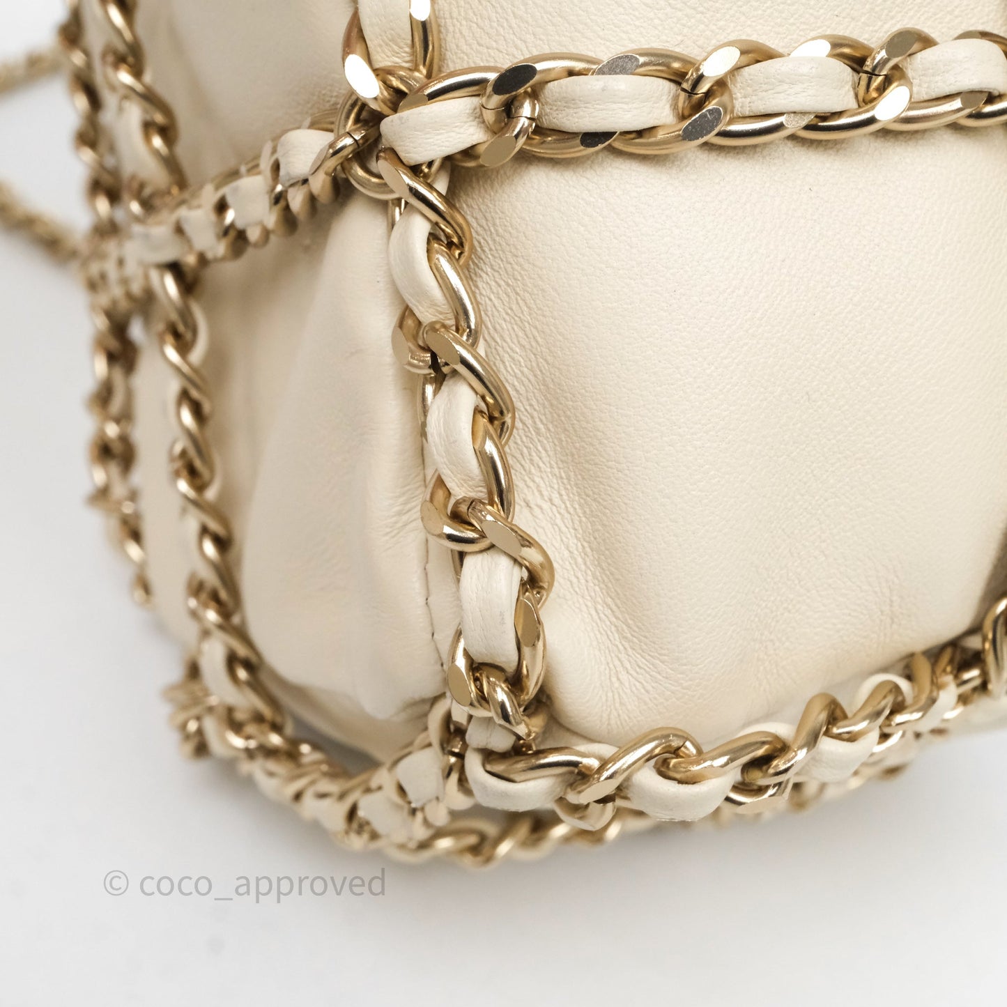 Chanel Chain Around Drawstring Bucket Bag Beige Lambskin Gold Hardware