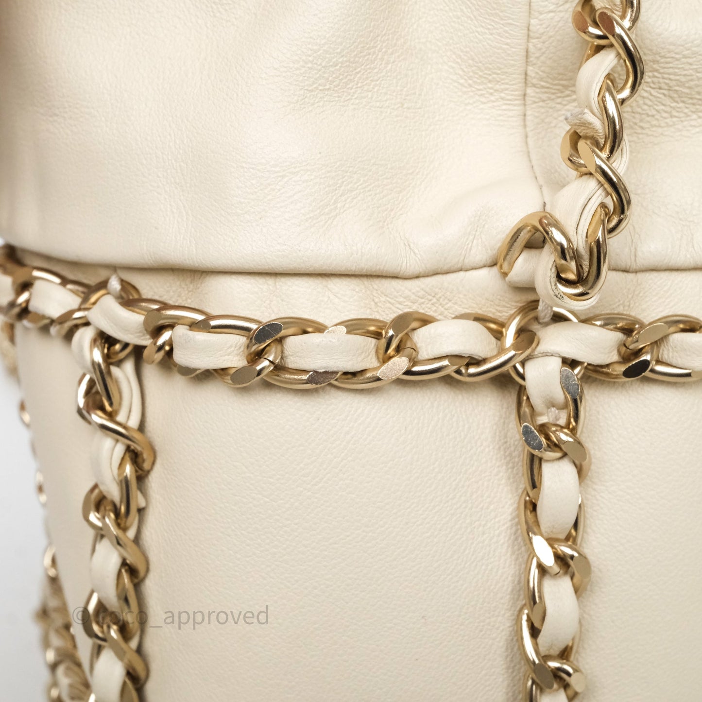 Chanel Chain Around Drawstring Bucket Bag Beige Lambskin Gold Hardware
