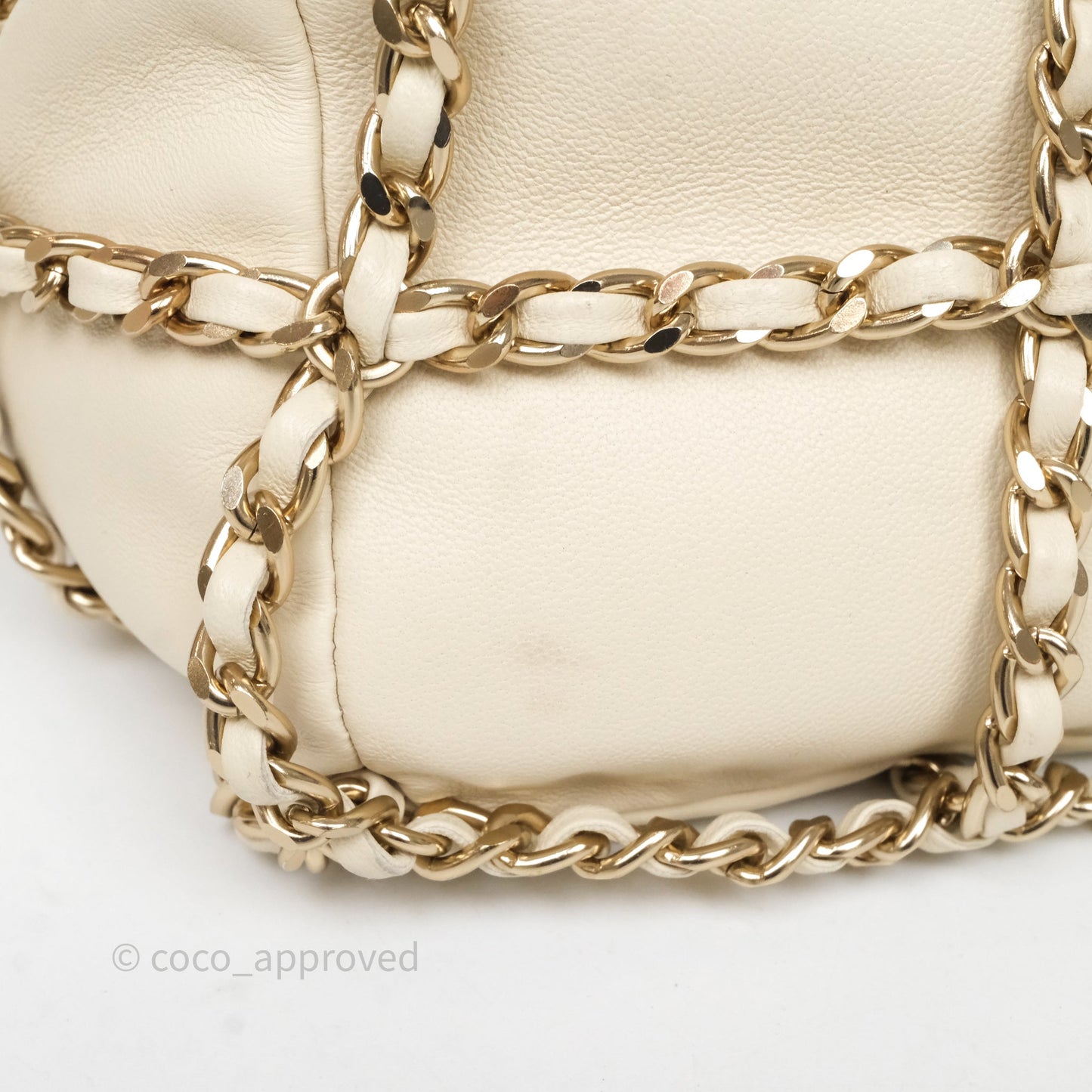 Chanel Chain Around Drawstring Bucket Bag Beige Lambskin Gold Hardware