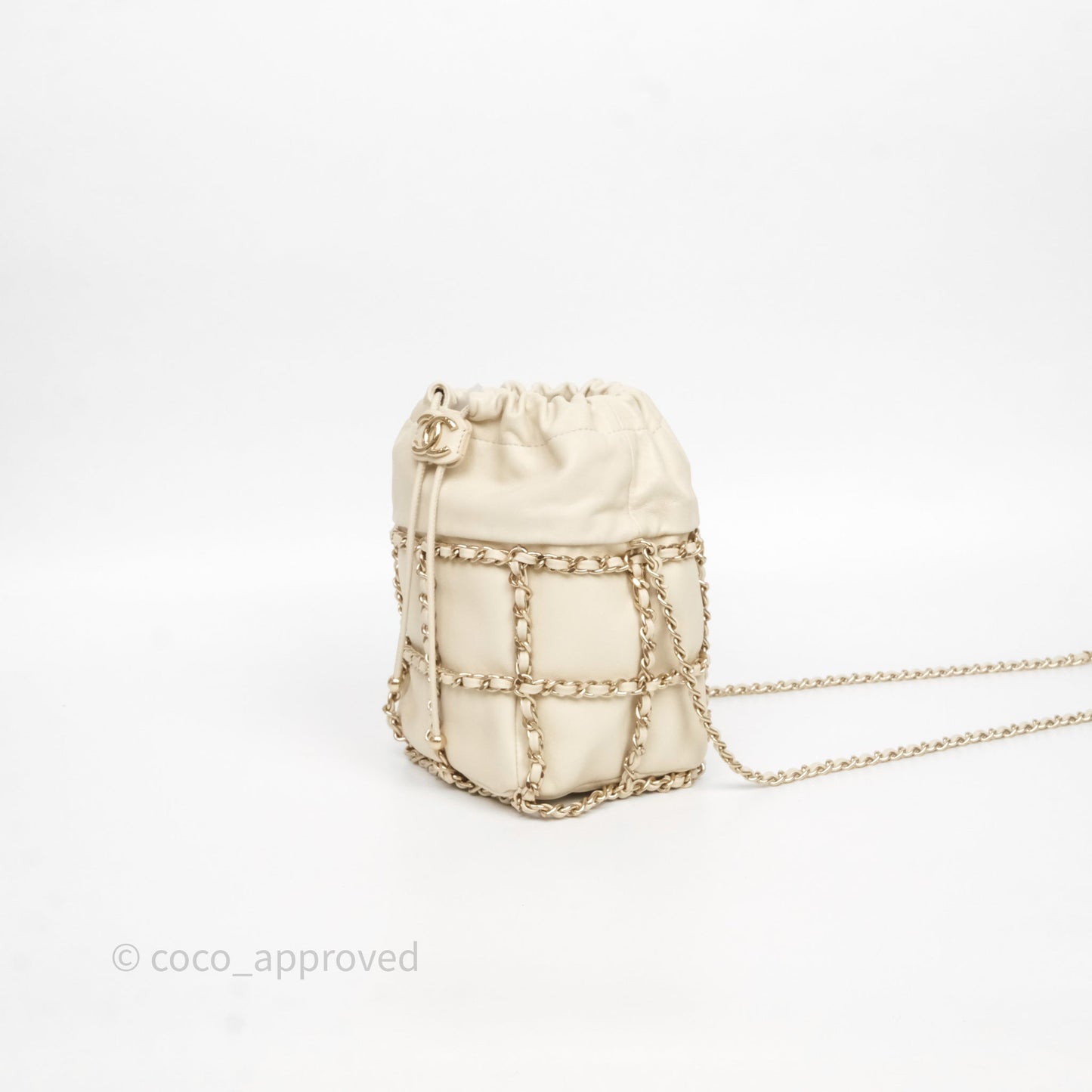 Chanel Chain Around Drawstring Bucket Bag Beige Lambskin Gold Hardware