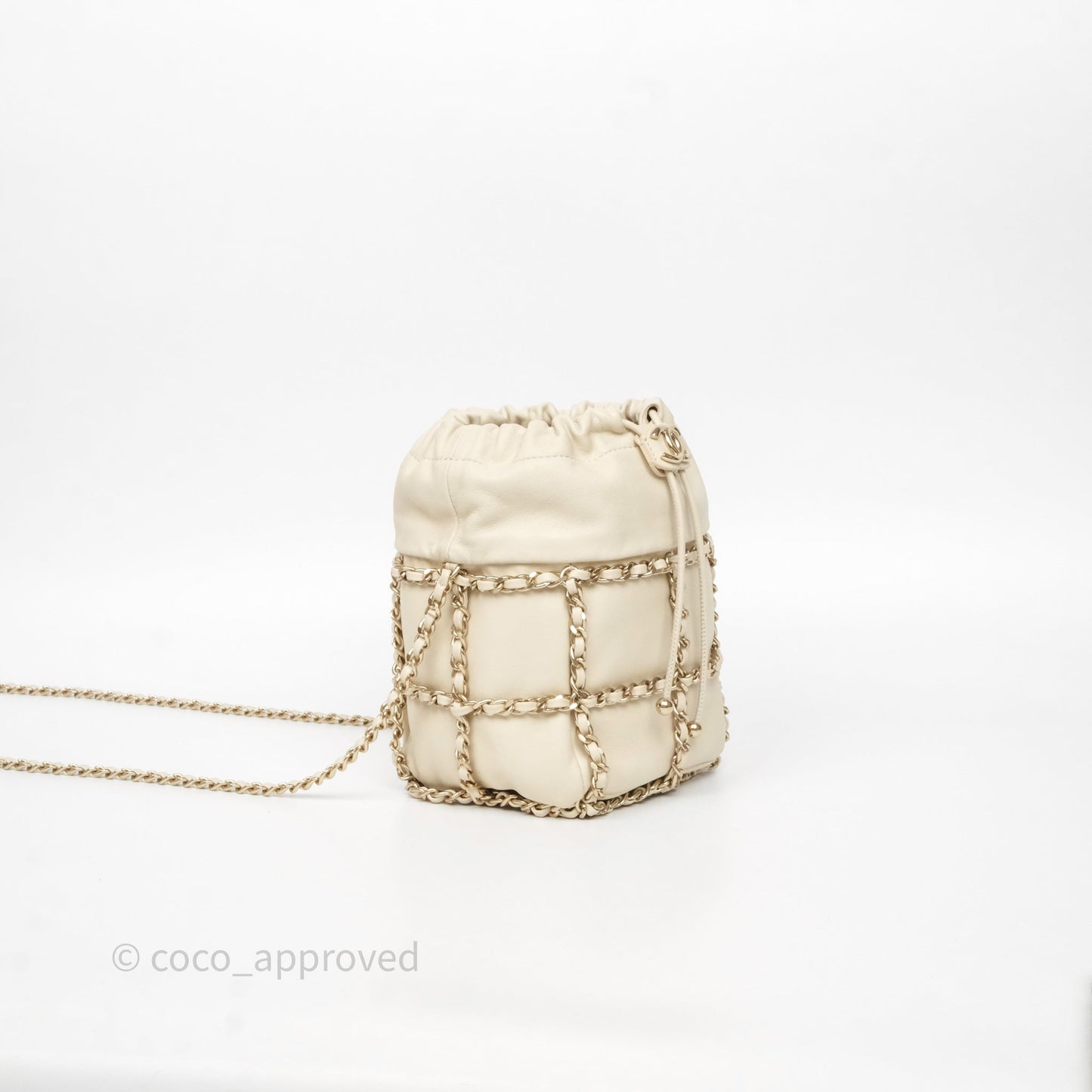 Chanel Chain Around Drawstring Bucket Bag Beige Lambskin Gold Hardware
