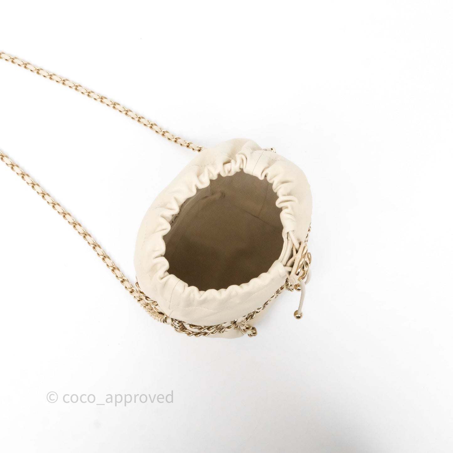 Chanel Chain Around Drawstring Bucket Bag Beige Lambskin Gold Hardware