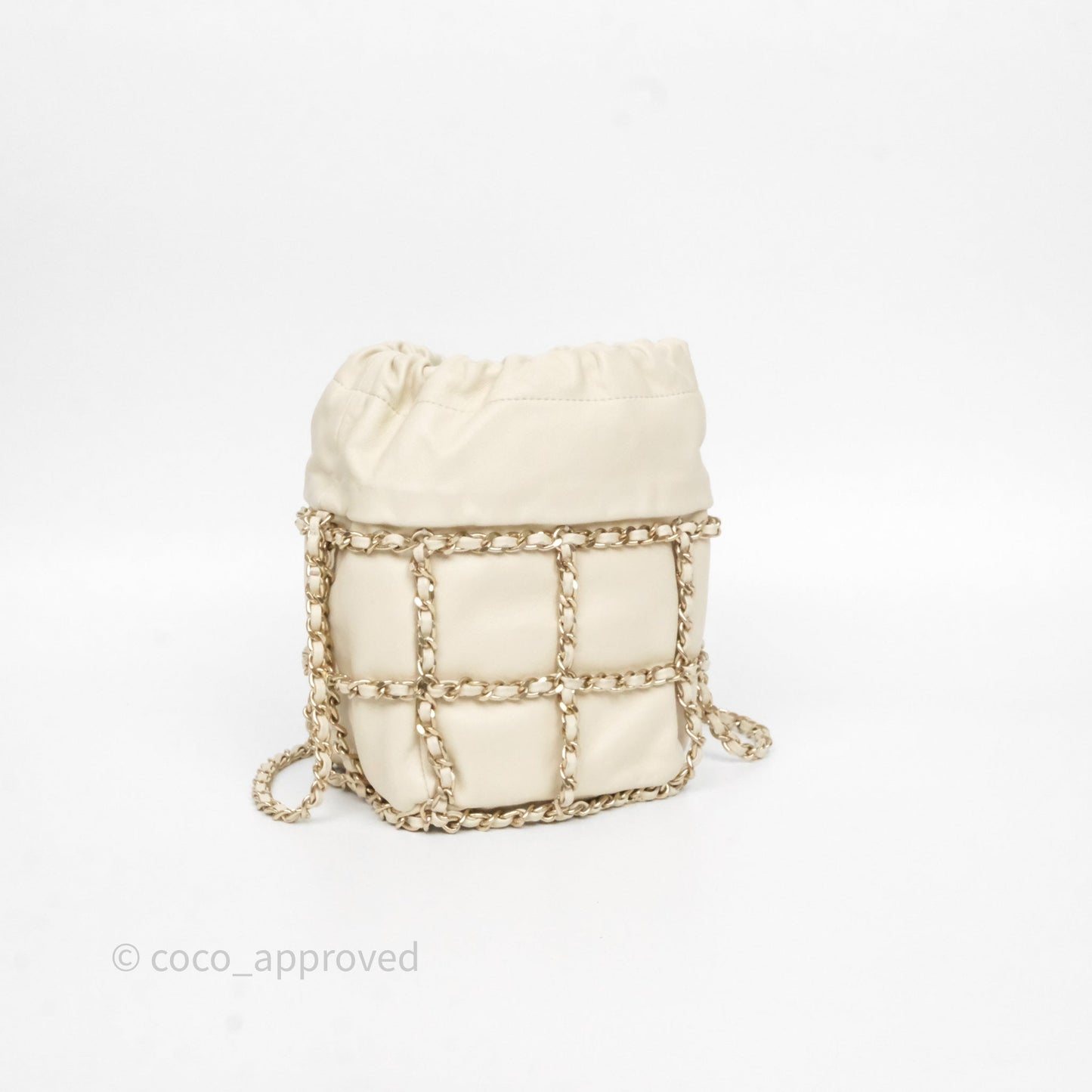 Chanel Chain Around Drawstring Bucket Bag Beige Lambskin Gold Hardware