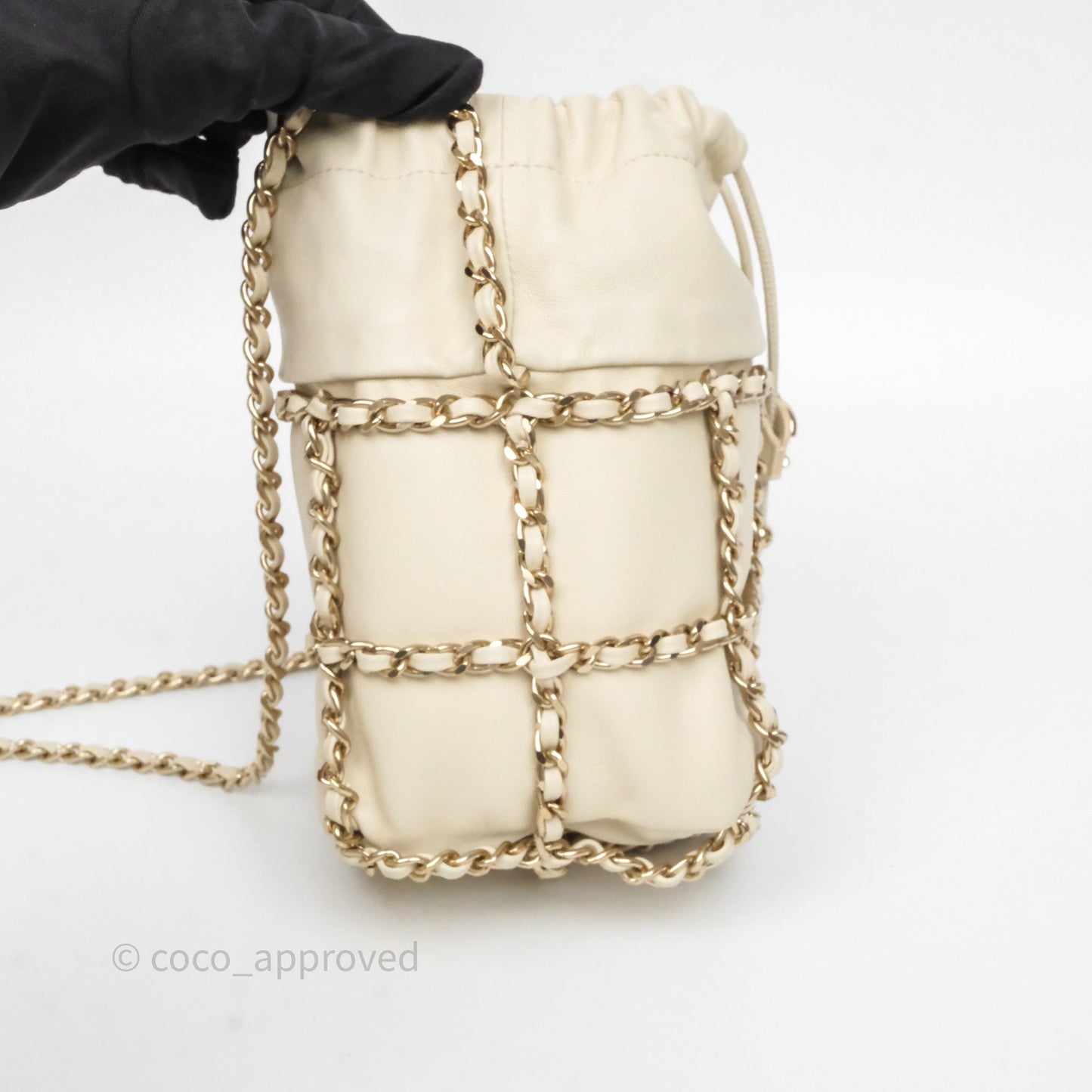 Chanel Chain Around Drawstring Bucket Bag Beige Lambskin Gold Hardware