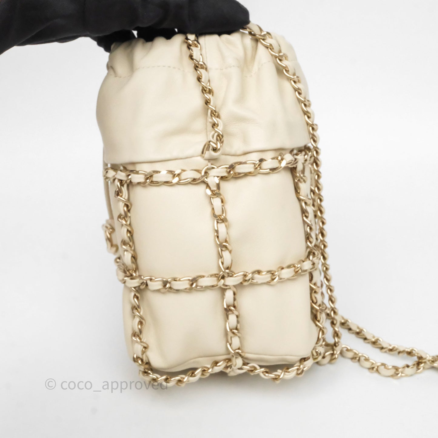 Chanel Chain Around Drawstring Bucket Bag Beige Lambskin Gold Hardware