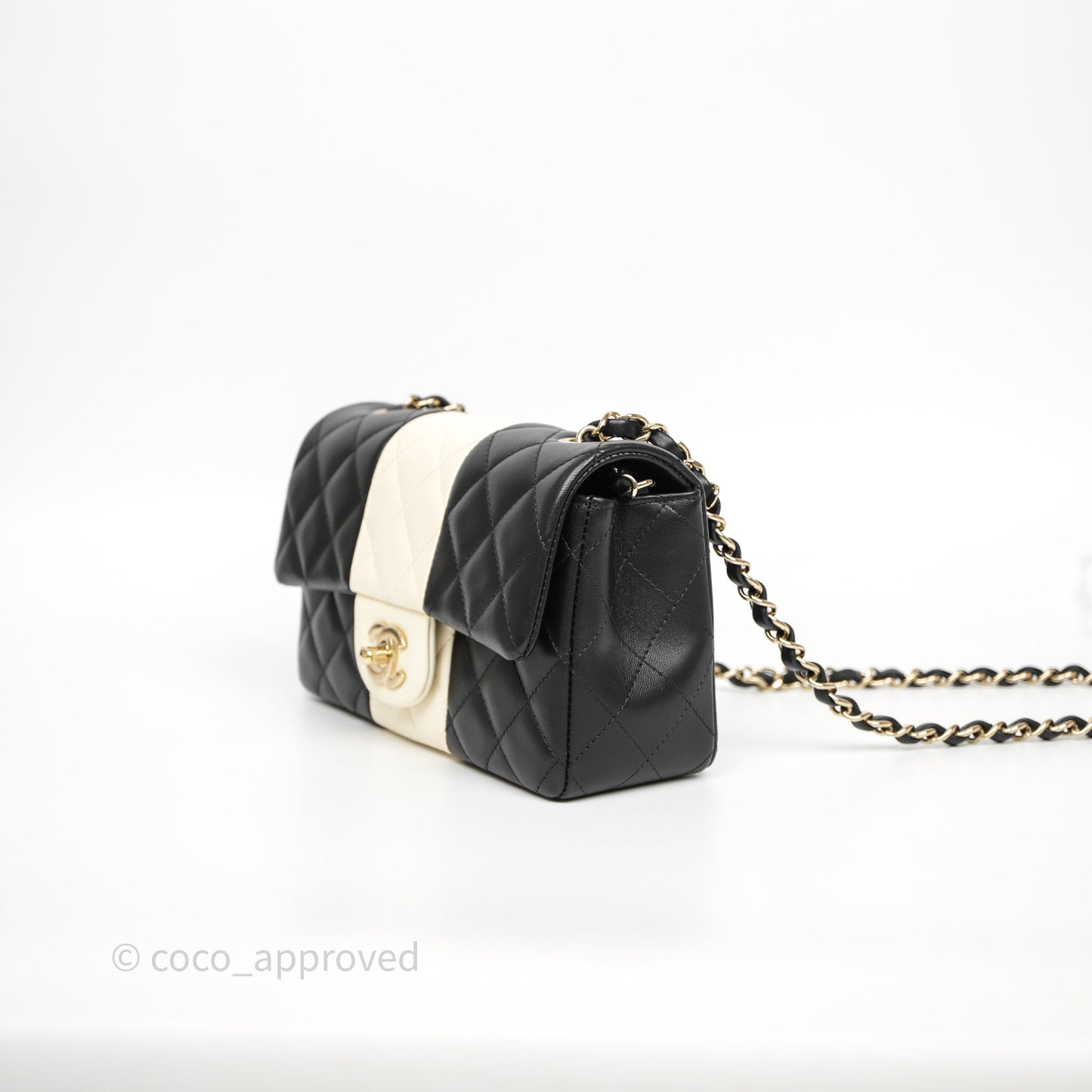 Chanel Mini Rectangular Flap Quilted Black White Lambskin Gold Hardware