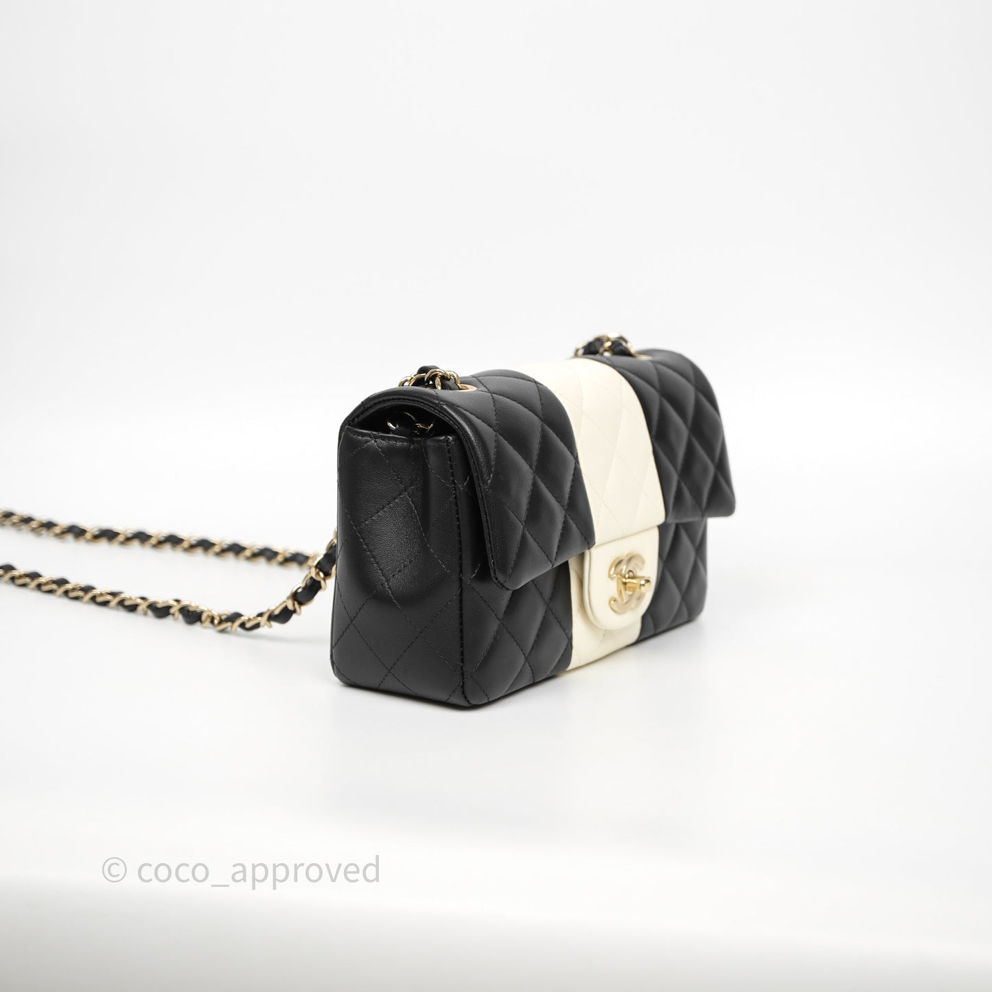 Chanel Mini Rectangular Flap Quilted Black White Lambskin Gold Hardware