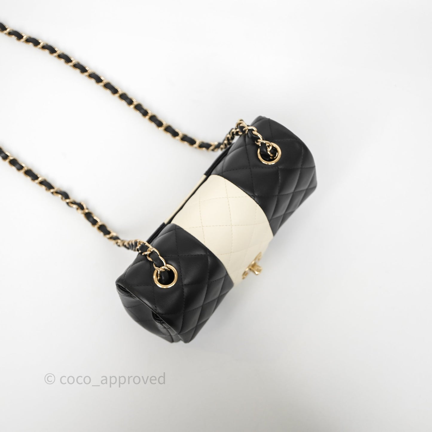 Chanel Mini Rectangular Flap Quilted Black White Lambskin Gold Hardware