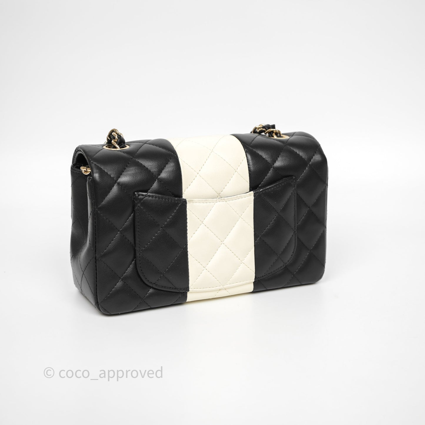Chanel Mini Rectangular Flap Quilted Black White Lambskin Gold Hardware