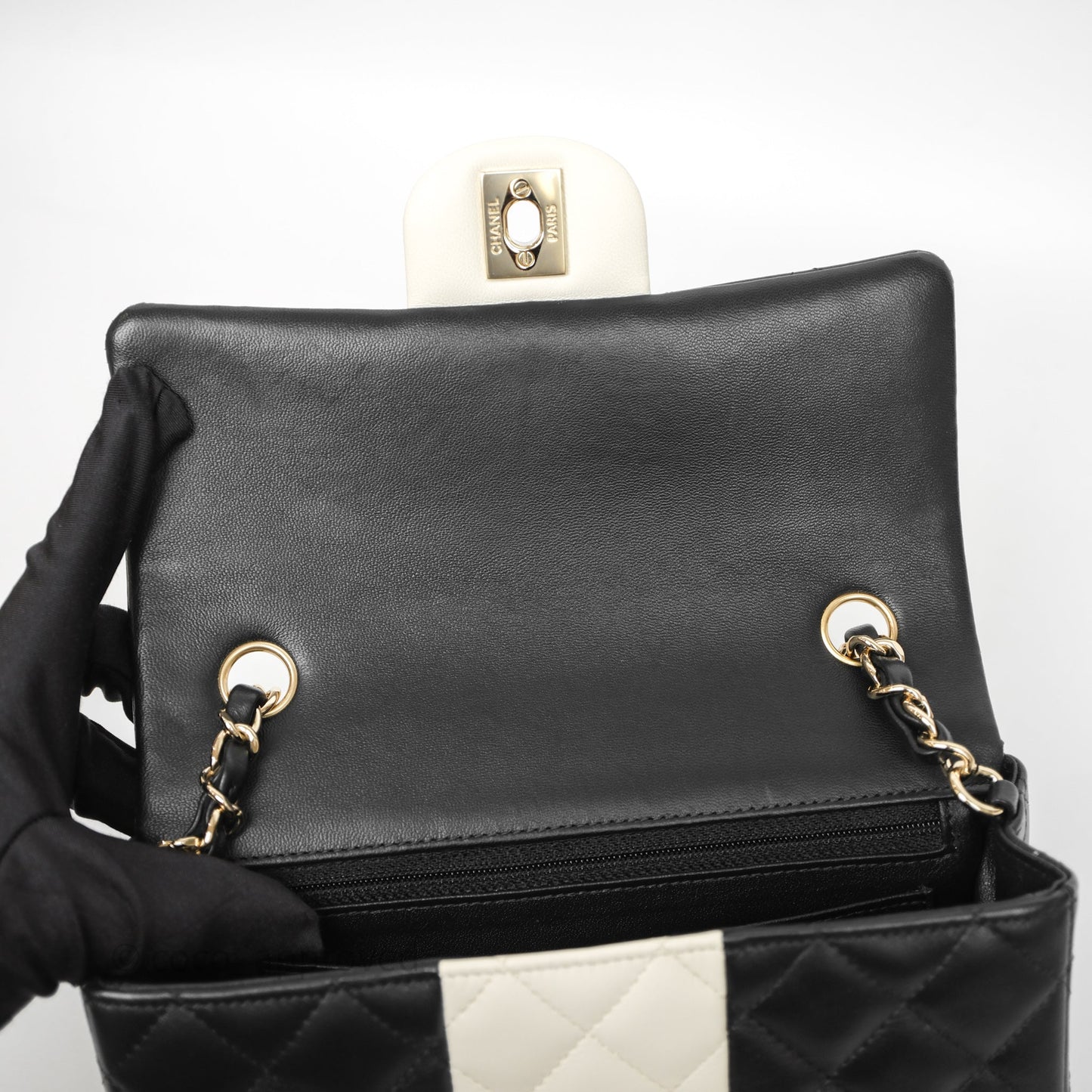Chanel Mini Rectangular Flap Quilted Black White Lambskin Gold Hardware