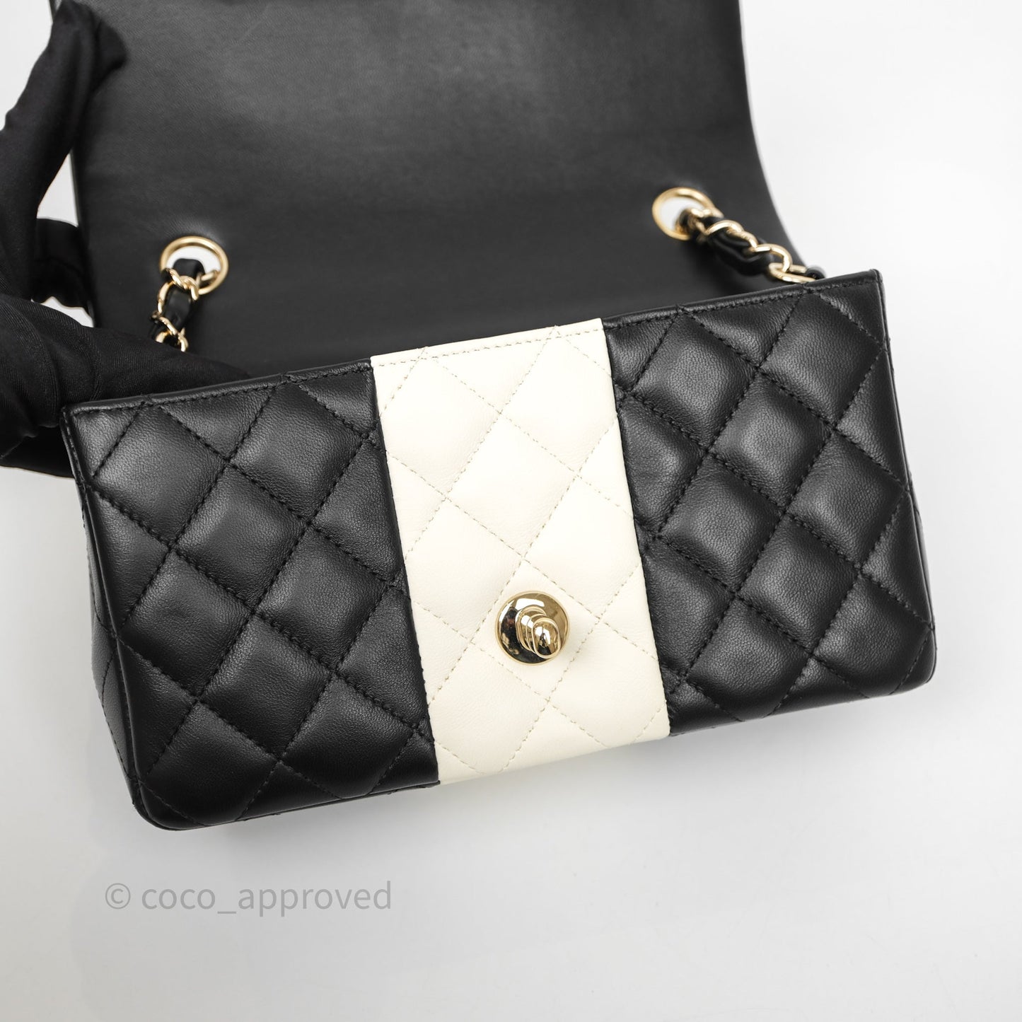 Chanel Mini Rectangular Flap Quilted Black White Lambskin Gold Hardware
