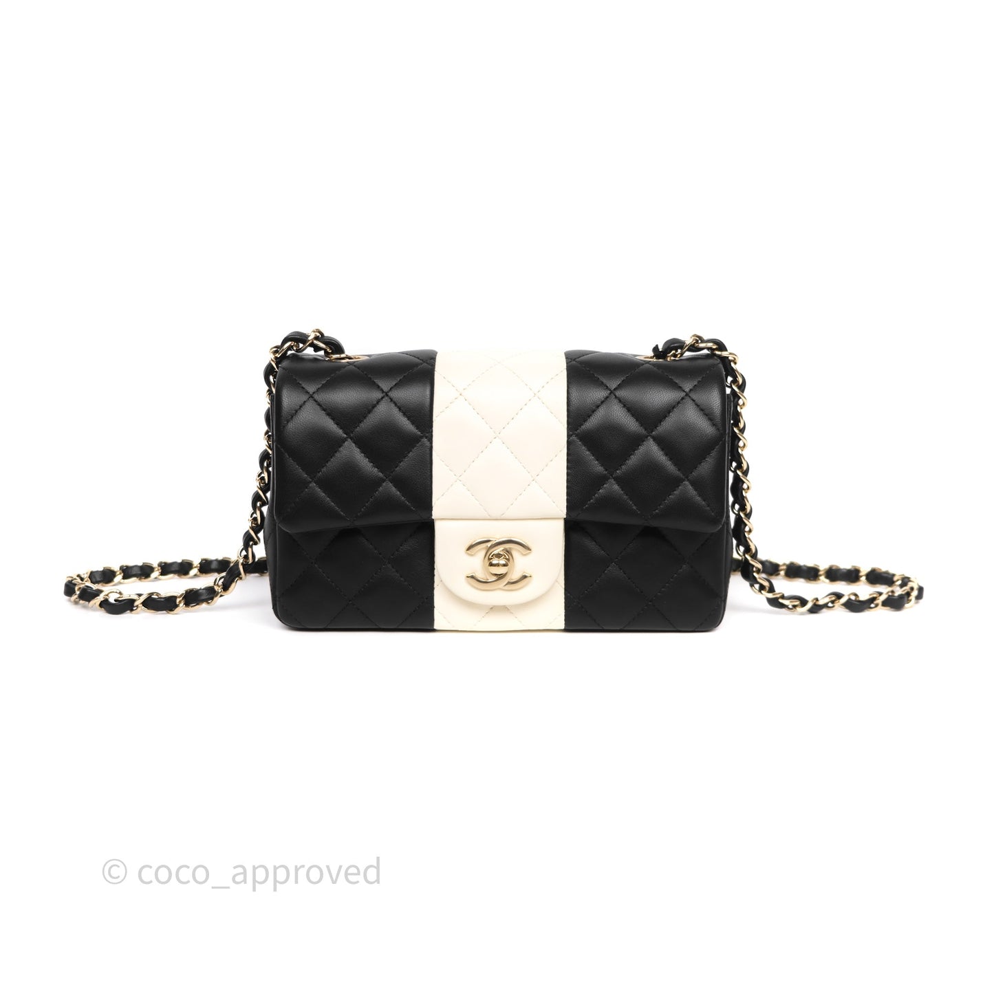 Chanel Mini Rectangular Flap Quilted Black White Lambskin Gold Hardware
