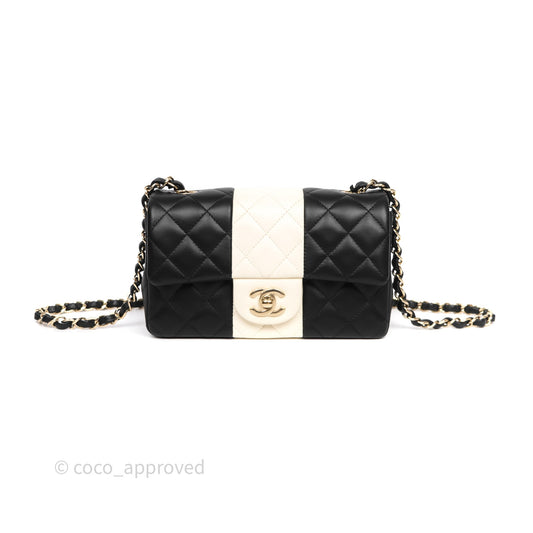Chanel Mini Rectangular Flap Quilted Black White Lambskin Gold Hardware