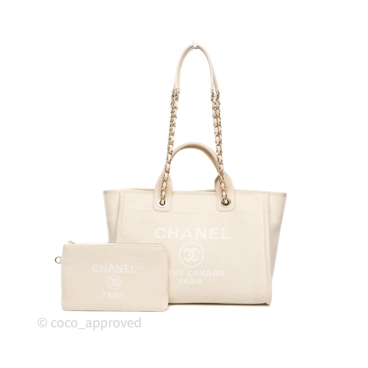 Chanel New Small Deauville Cream Ivory Canvas Light Gold Hardware
